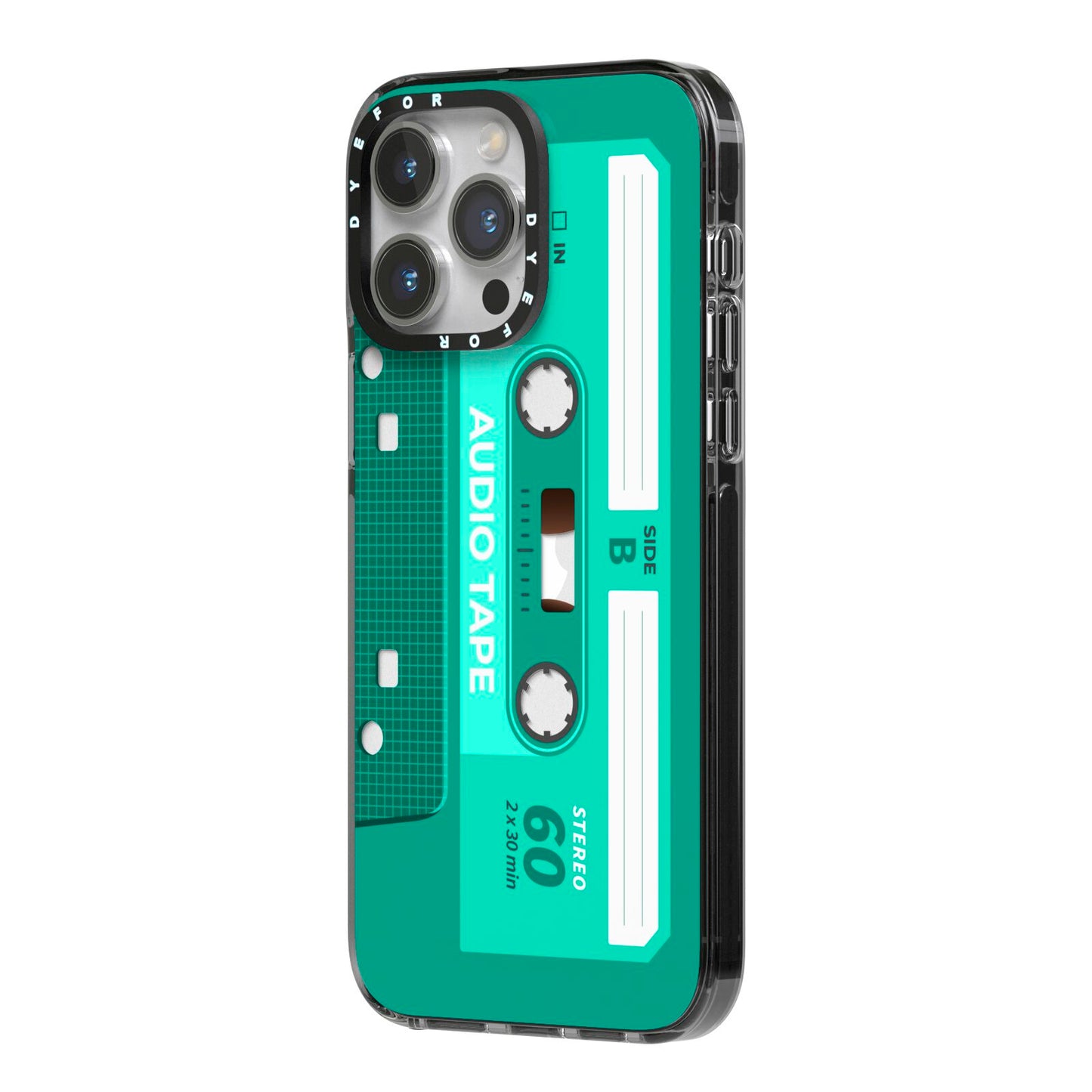 Retro Green Tape iPhone 14 Pro Max Black Impact Case Side Angle on Silver phone