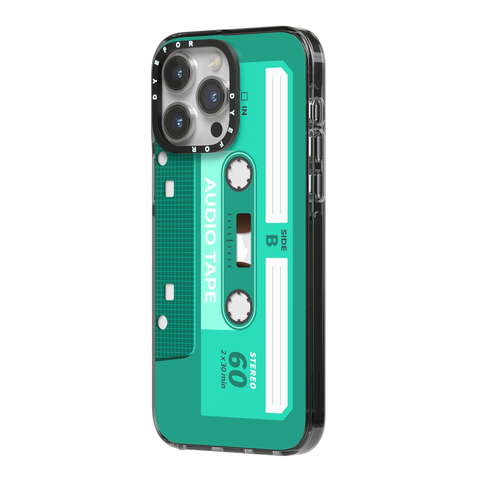 Retro Green Tape iPhone 14 Pro Max Black Impact Case Side Angle on Silver phone