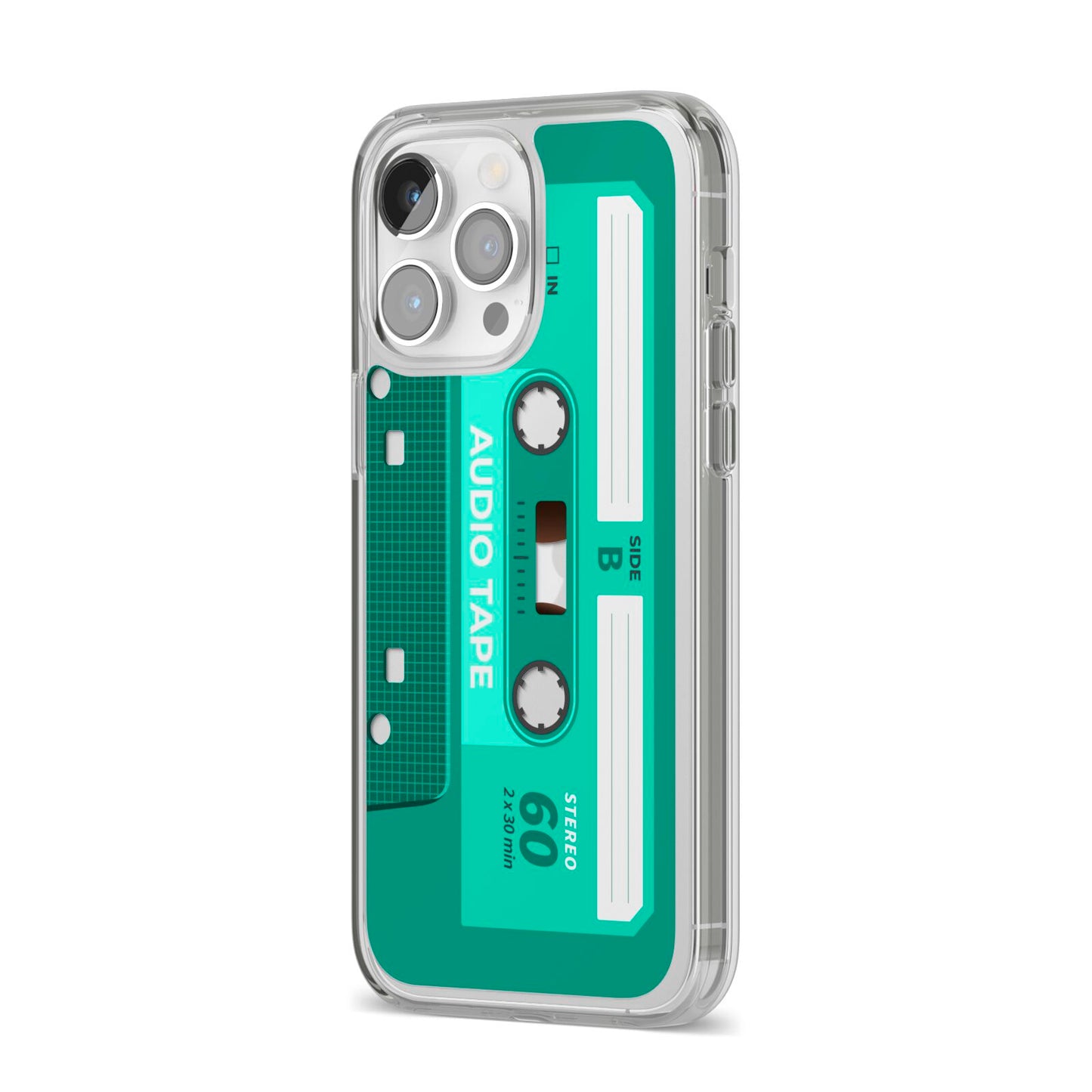 Retro Green Tape iPhone 14 Pro Max Clear Tough Case Silver Angled Image