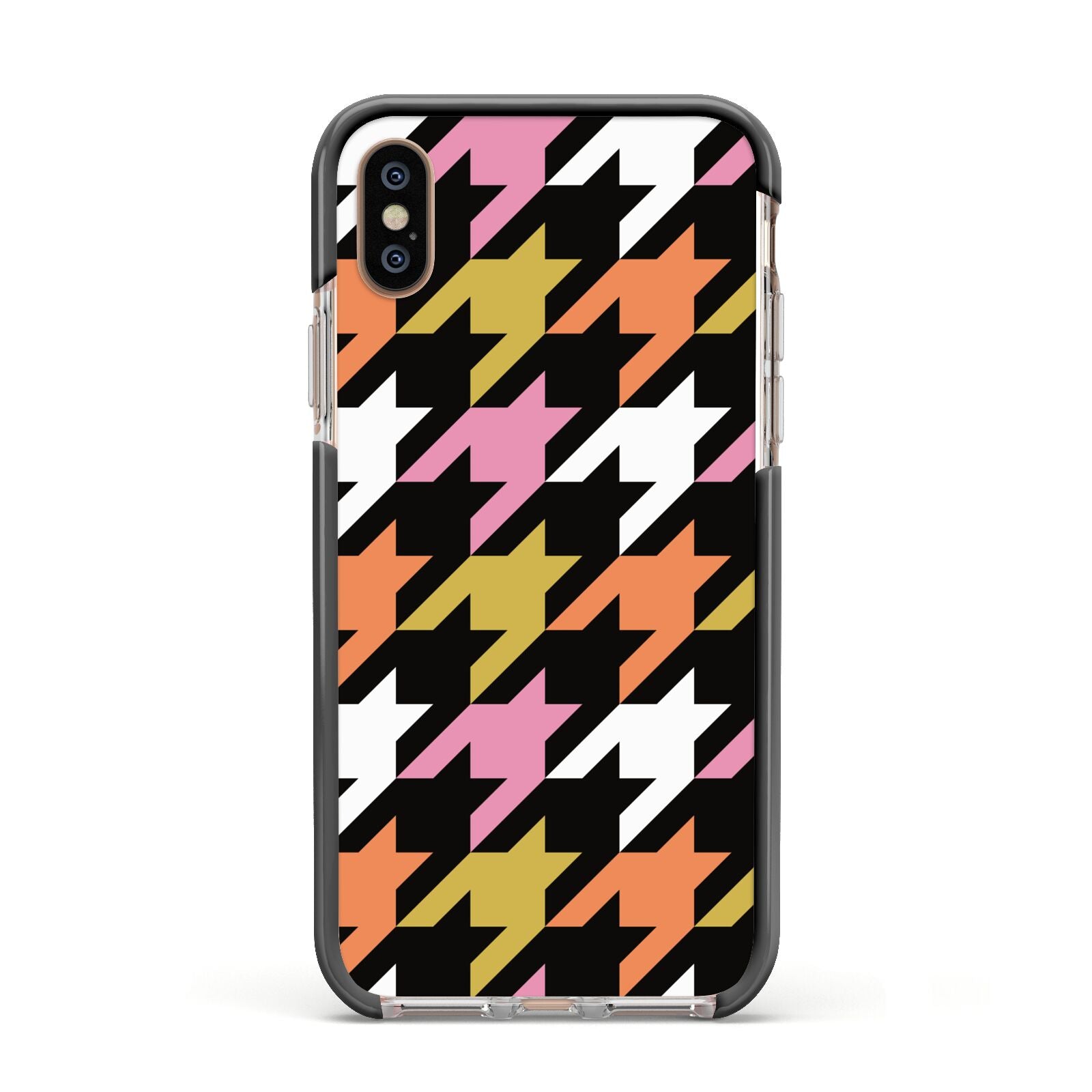 Retro Houndstooth Apple iPhone Xs Impact Case Black Edge on Gold Phone