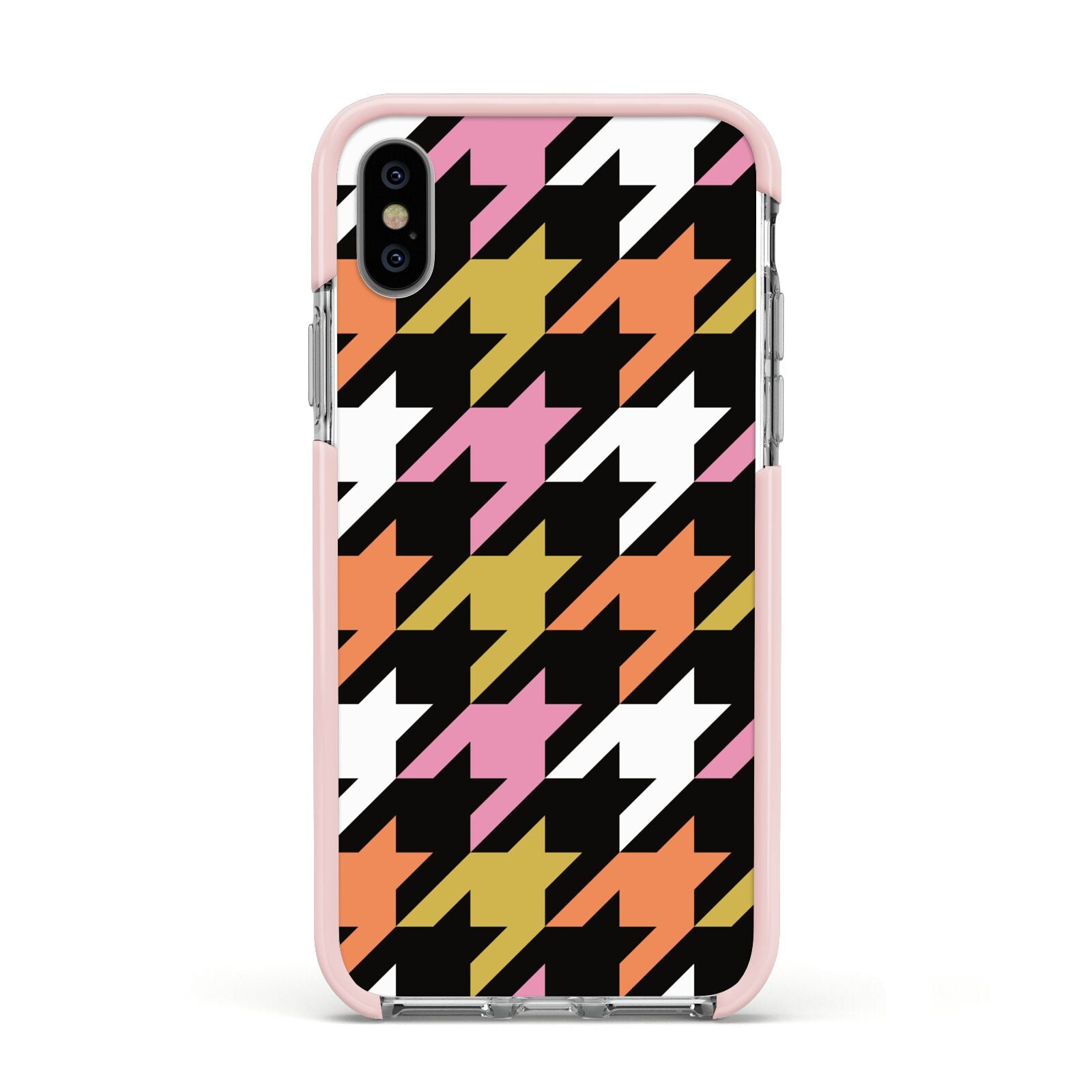 Retro Houndstooth Apple iPhone Xs Impact Case Pink Edge on Silver Phone