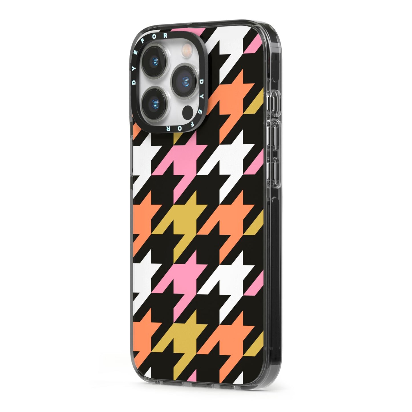 Retro Houndstooth iPhone 13 Pro Black Impact Case Side Angle on Silver phone