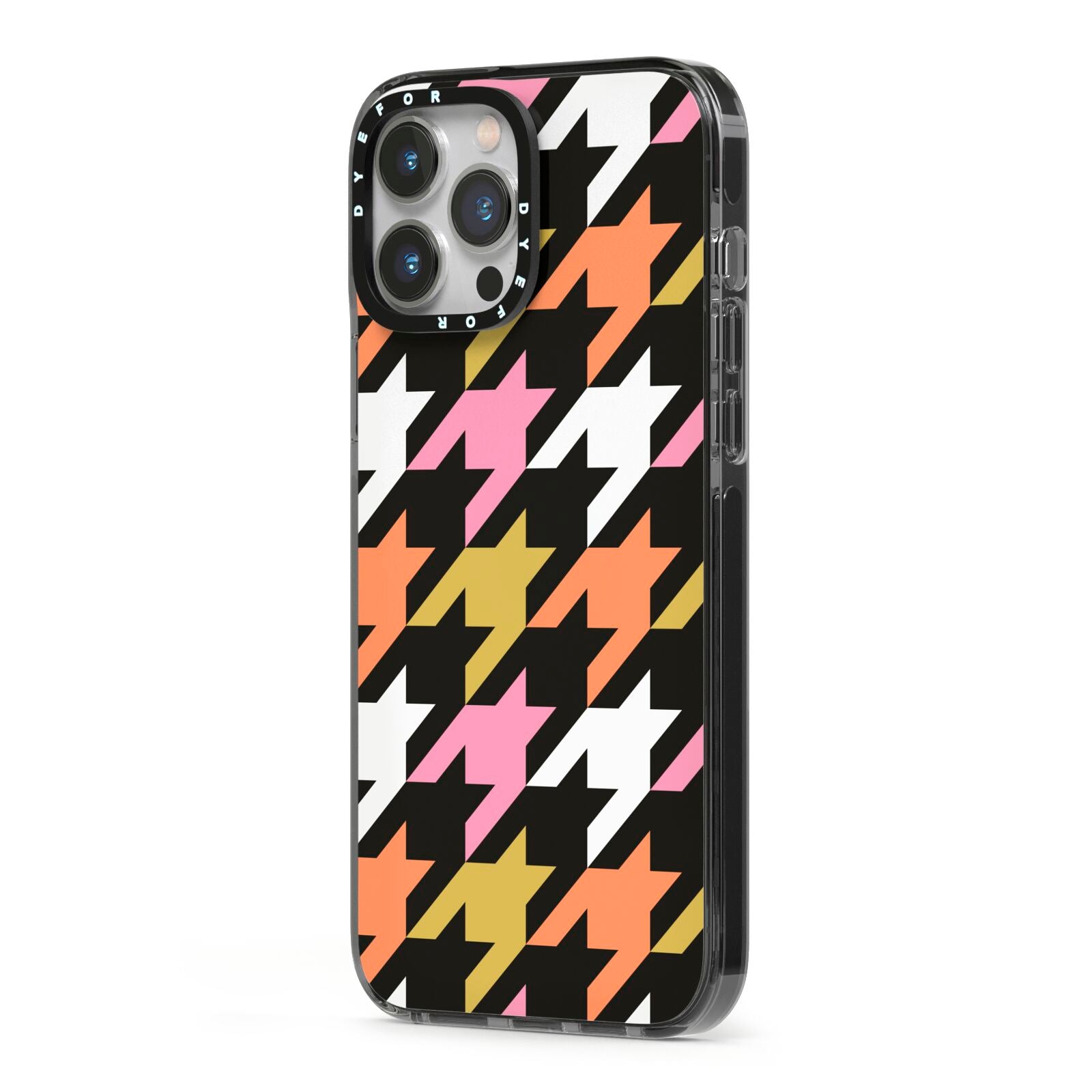 Retro Houndstooth iPhone 13 Pro Max Black Impact Case Side Angle on Silver phone