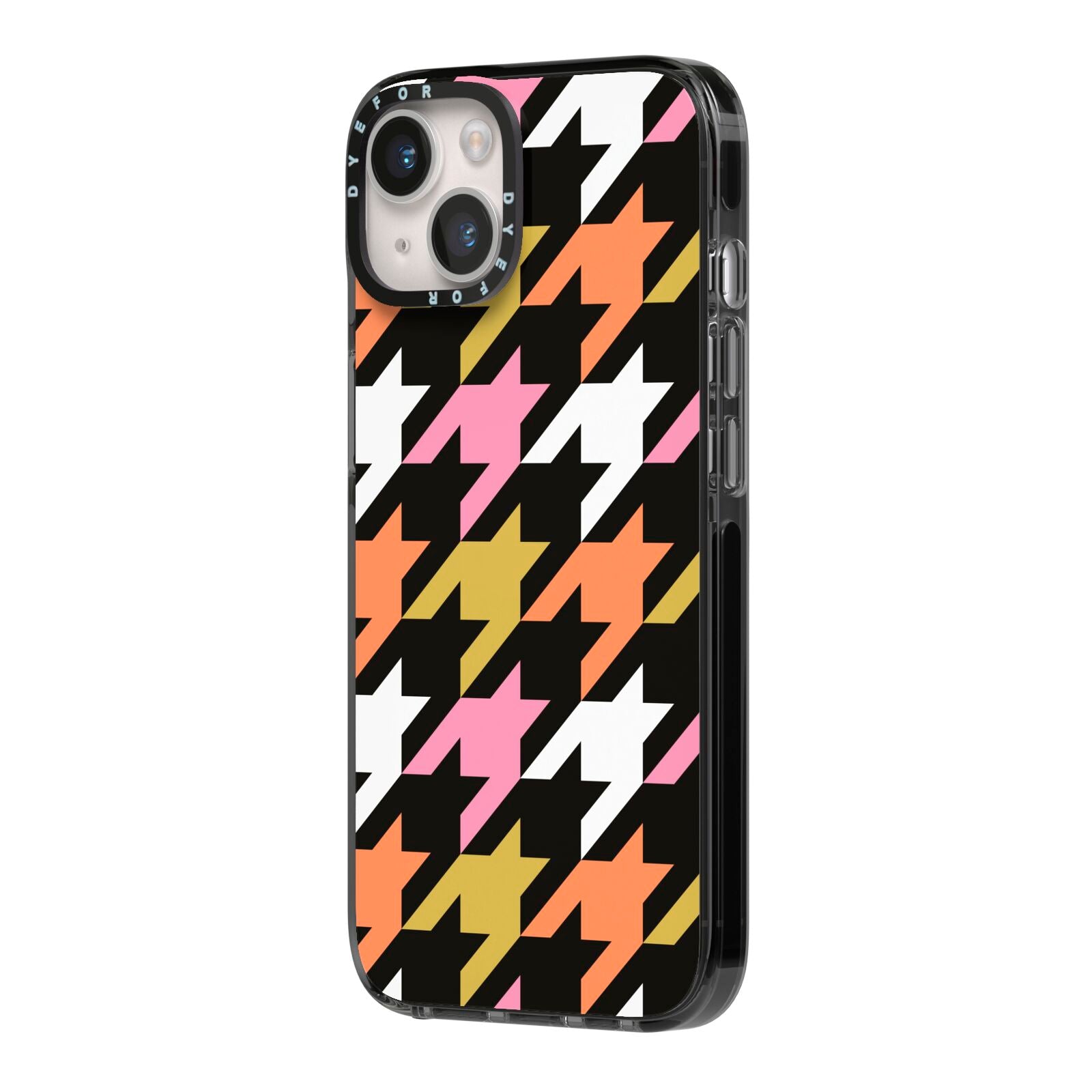 Retro Houndstooth iPhone 14 Black Impact Case Side Angle on Silver phone