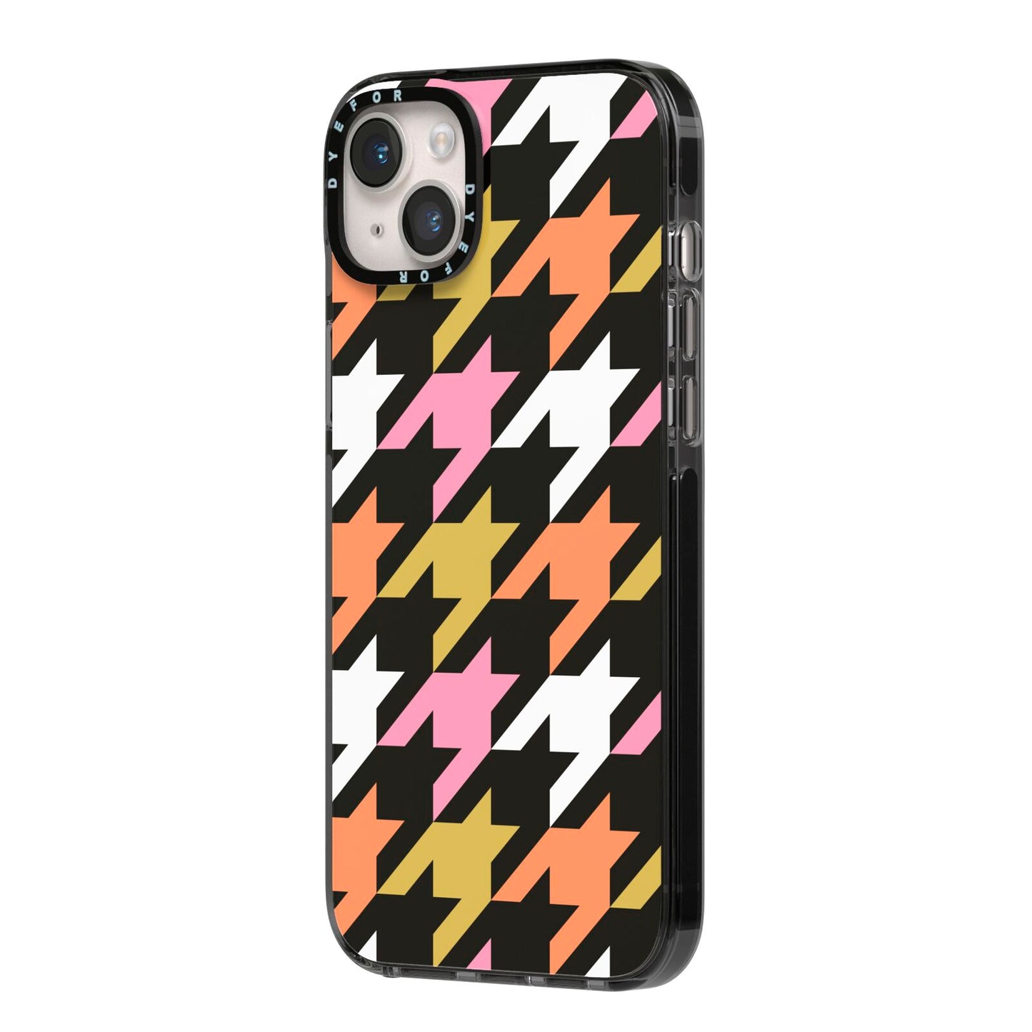 Retro Houndstooth iPhone 14 Plus Black Impact Case Side Angle on Silver phone