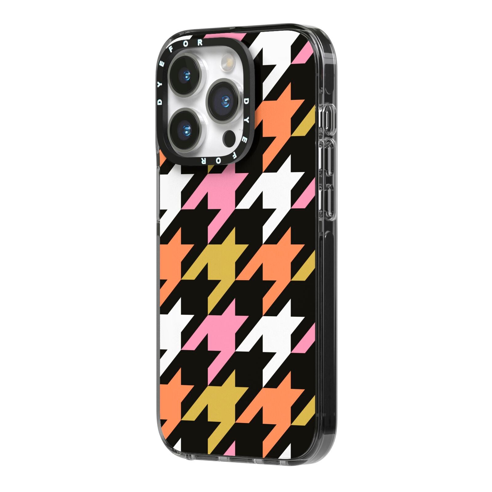 Retro Houndstooth iPhone 14 Pro Black Impact Case Side Angle on Silver phone