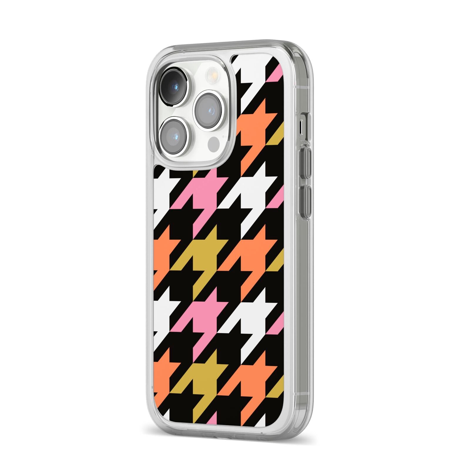 Retro Houndstooth iPhone 14 Pro Clear Tough Case Silver Angled Image