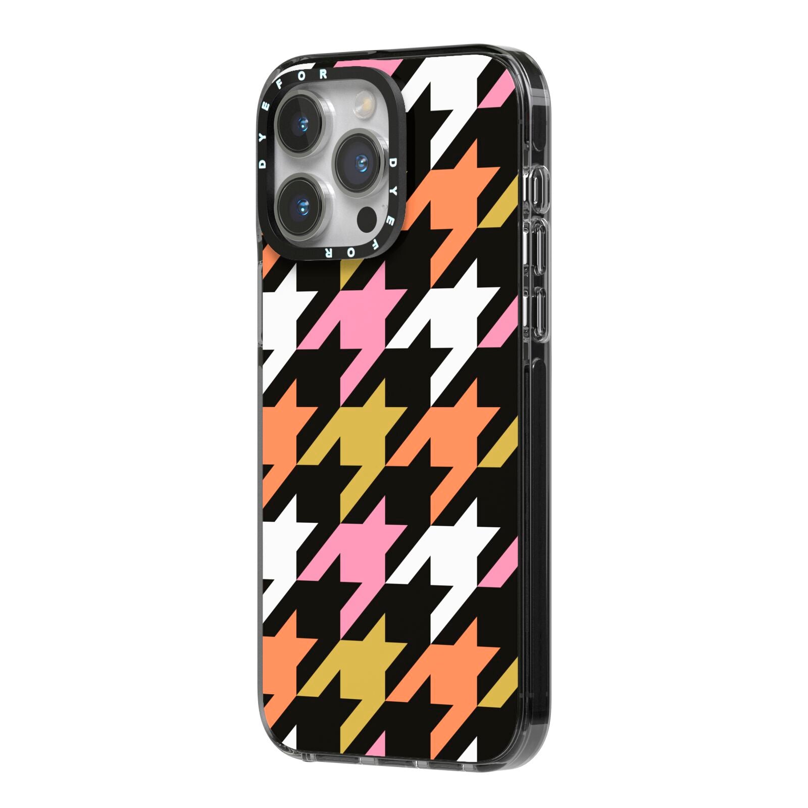 Retro Houndstooth iPhone 14 Pro Max Black Impact Case Side Angle on Silver phone