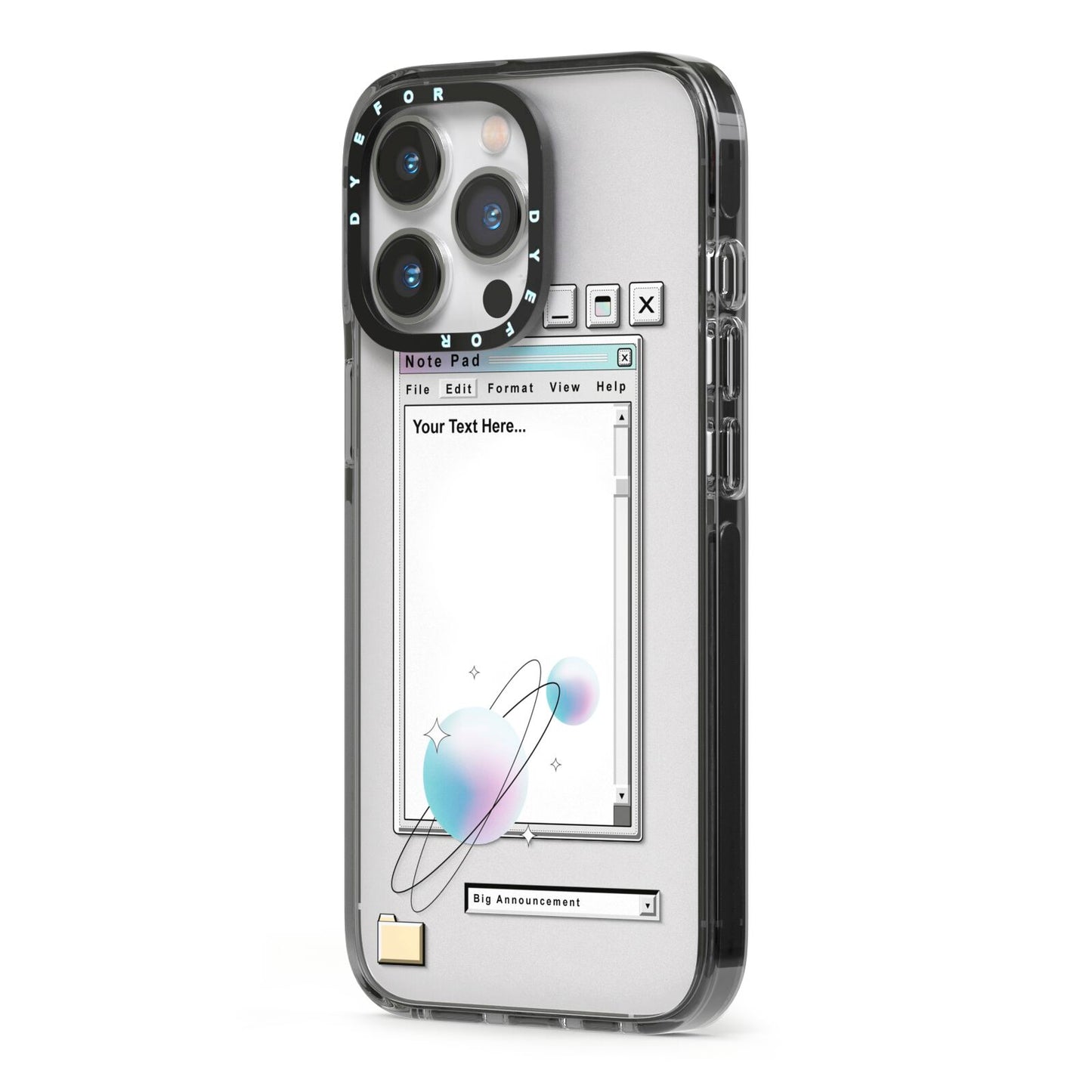 Retro Note Pad iPhone 13 Pro Black Impact Case Side Angle on Silver phone