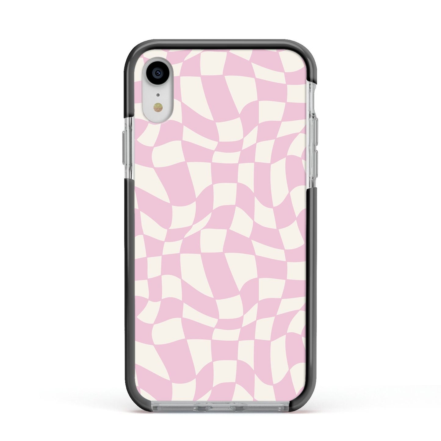 Retro Pink Check Apple iPhone XR Impact Case Black Edge on Silver Phone