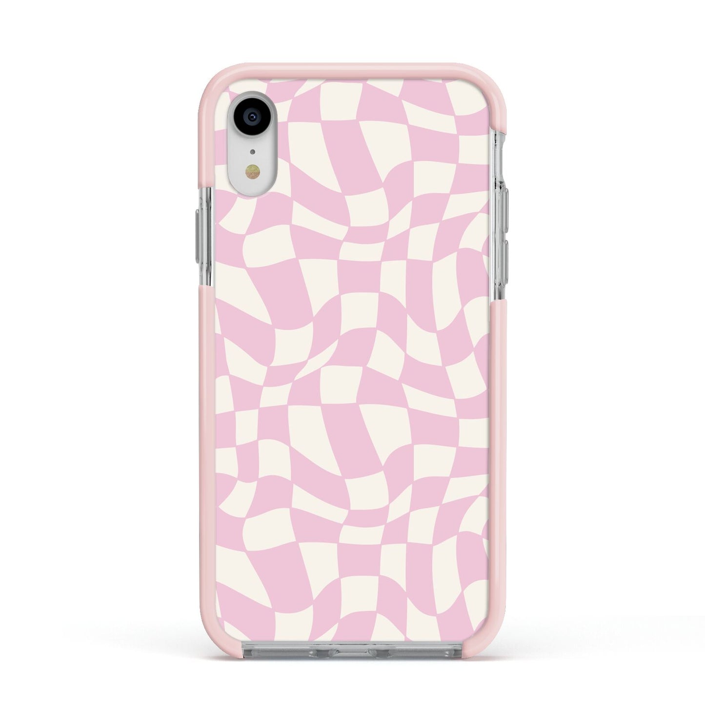 Retro Pink Check Apple iPhone XR Impact Case Pink Edge on Silver Phone