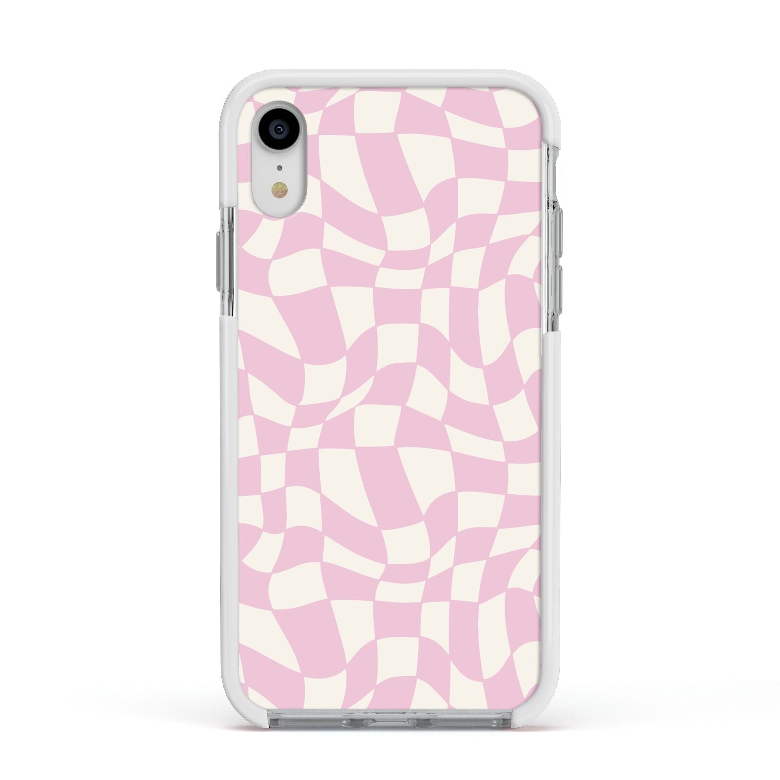 Retro Pink Check Apple iPhone XR Impact Case White Edge on Silver Phone