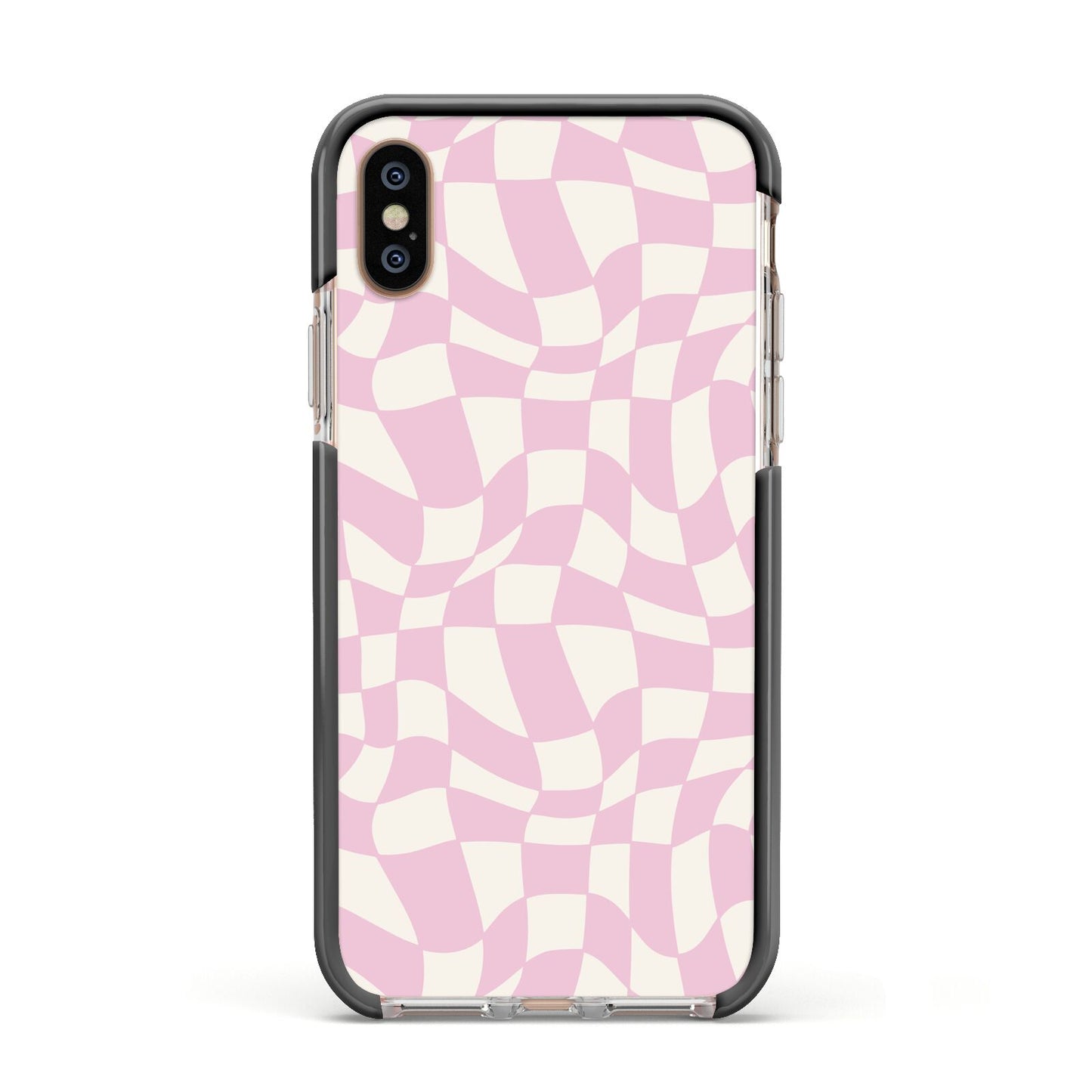 Retro Pink Check Apple iPhone Xs Impact Case Black Edge on Gold Phone