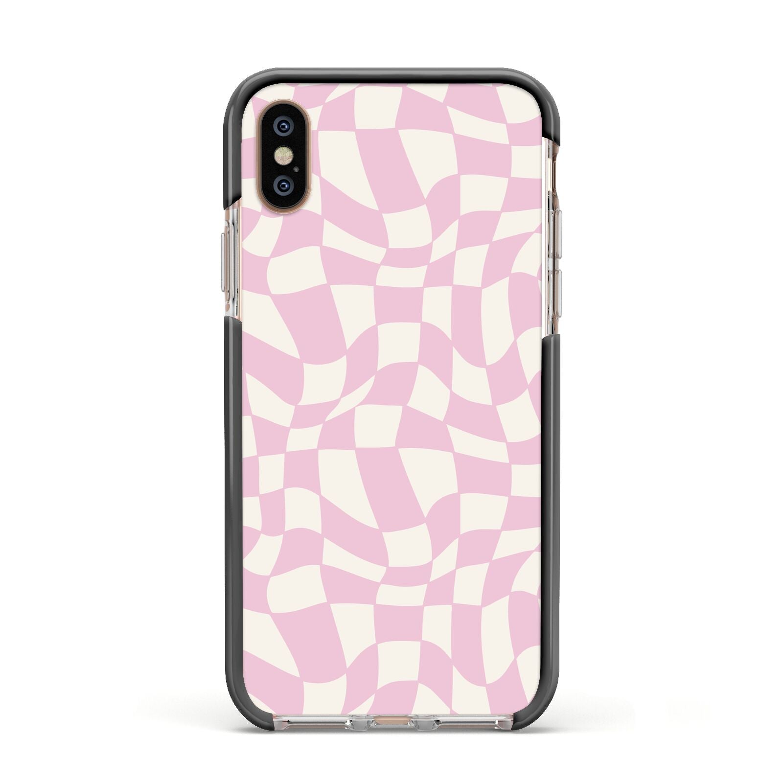 Retro Pink Check Apple iPhone Xs Impact Case Black Edge on Gold Phone