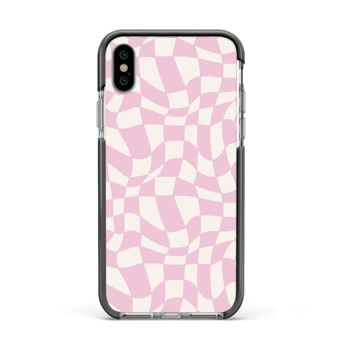 Retro Pink Check Apple iPhone Xs Impact Case Black Edge on Silver Phone