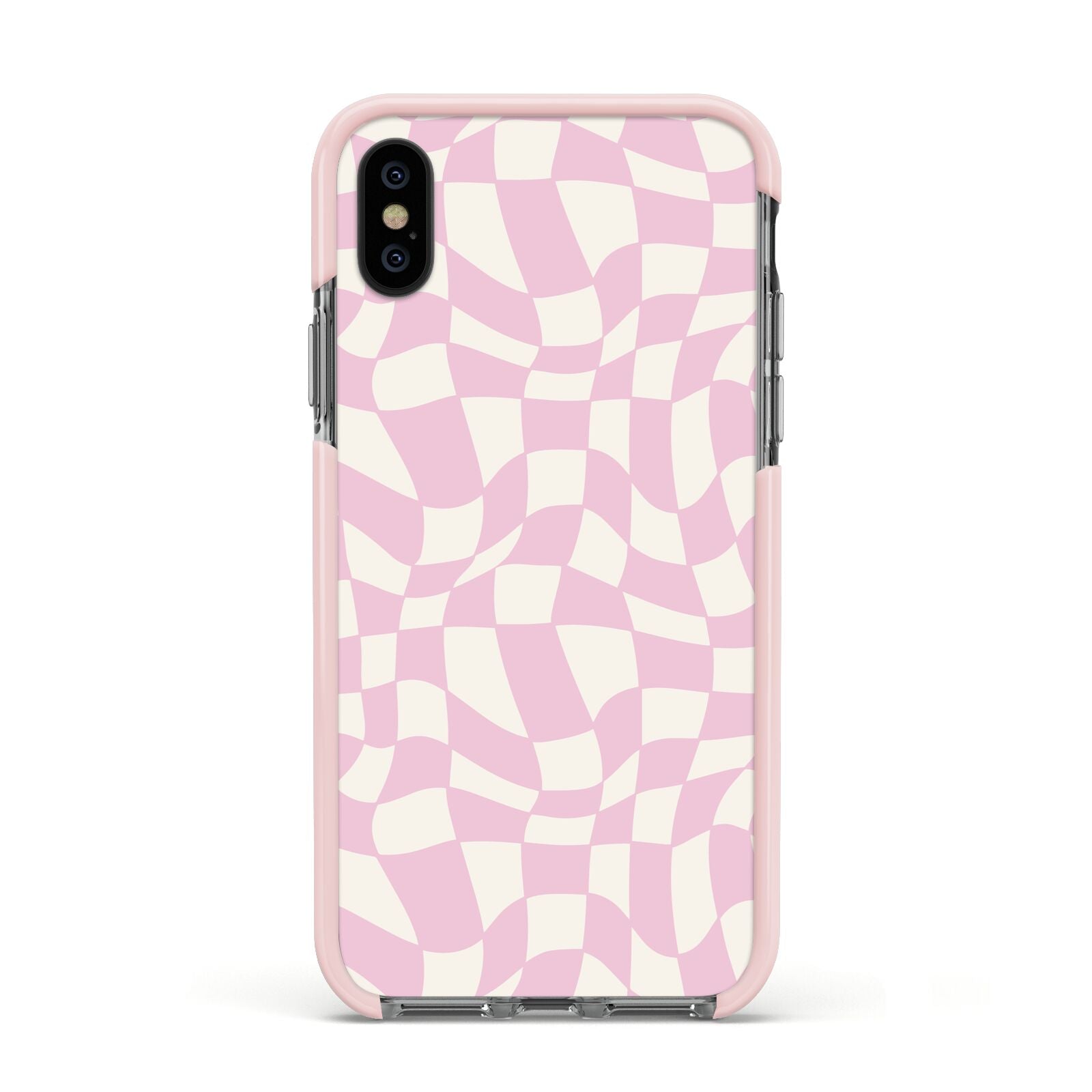 Retro Pink Check Apple iPhone Xs Impact Case Pink Edge on Black Phone