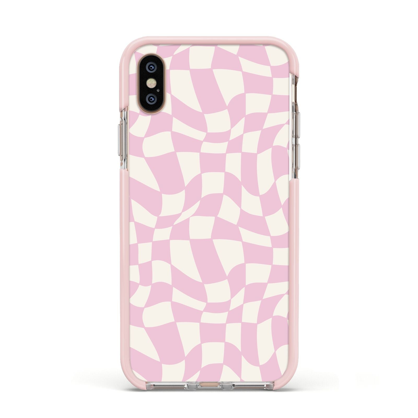 Retro Pink Check Apple iPhone Xs Impact Case Pink Edge on Gold Phone