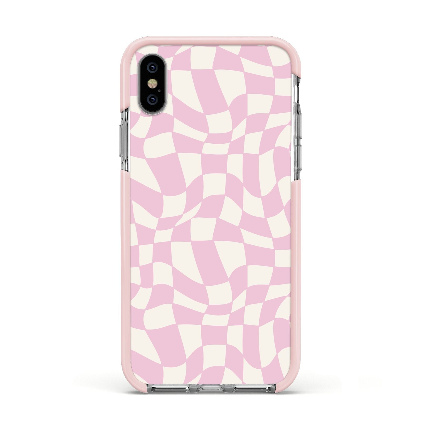 Retro Pink Check Apple iPhone Xs Impact Case Pink Edge on Silver Phone