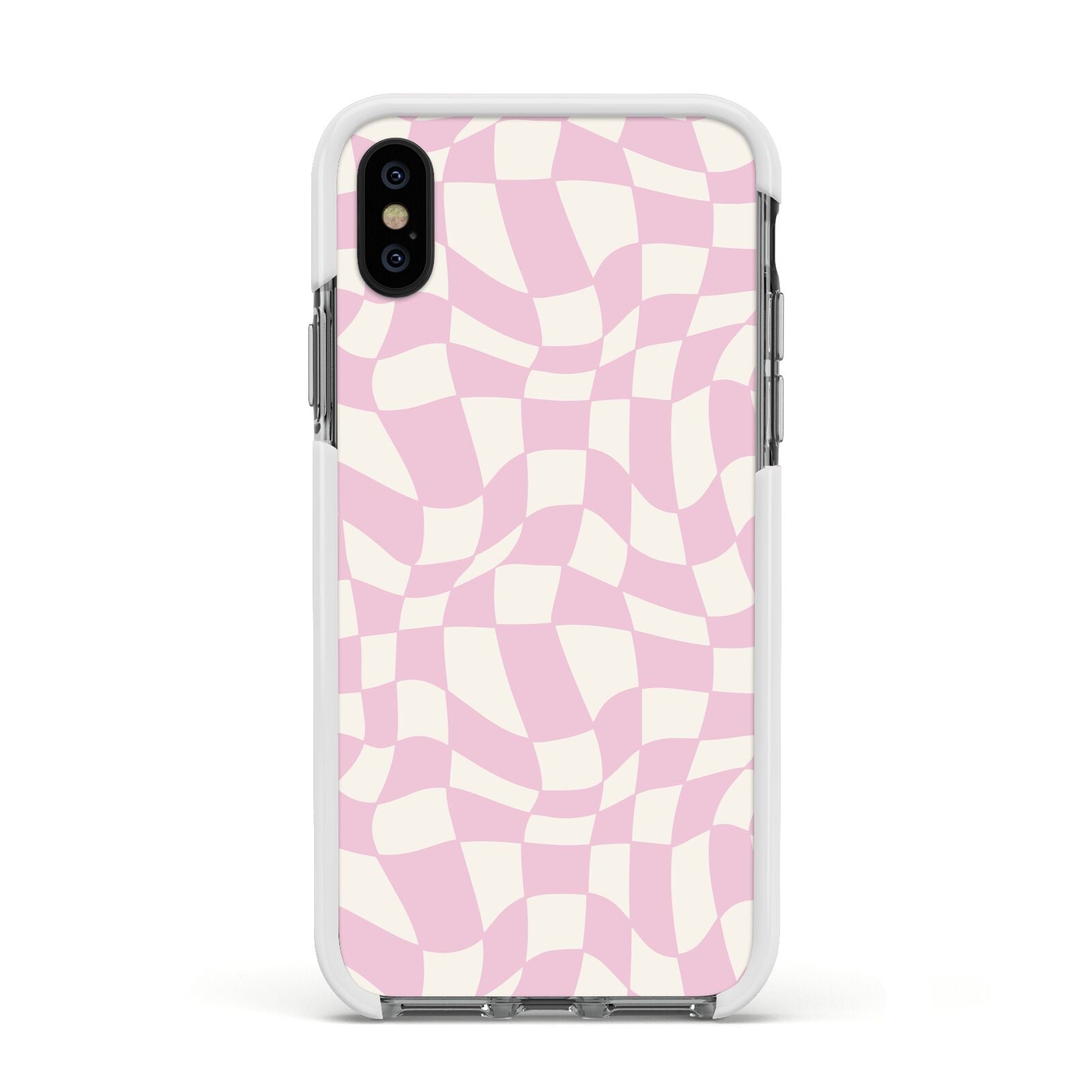 Retro Pink Check Apple iPhone Xs Impact Case White Edge on Black Phone