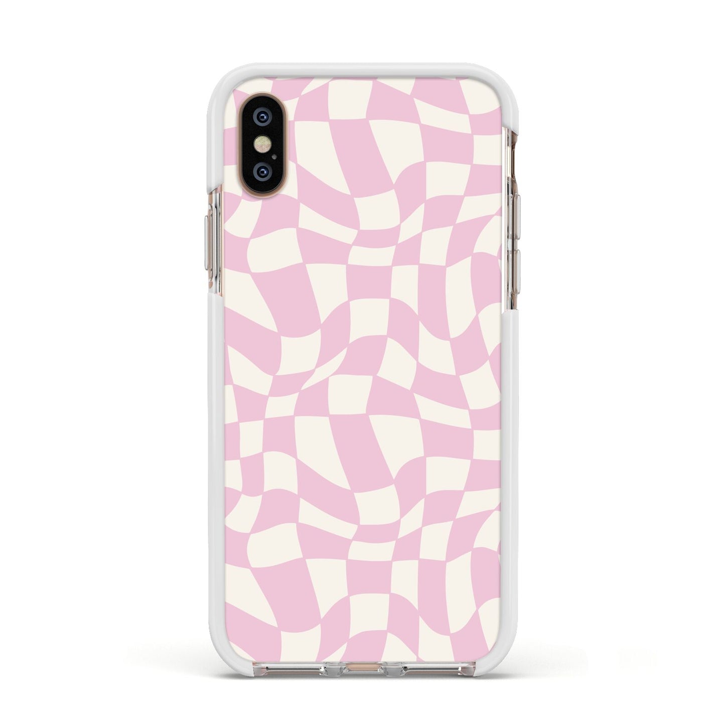 Retro Pink Check Apple iPhone Xs Impact Case White Edge on Gold Phone