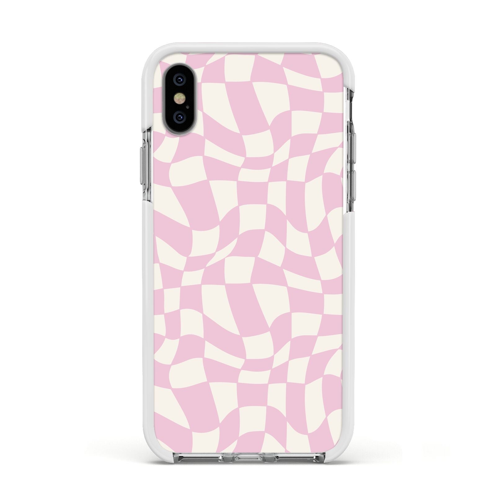 Retro Pink Check Apple iPhone Xs Impact Case White Edge on Silver Phone