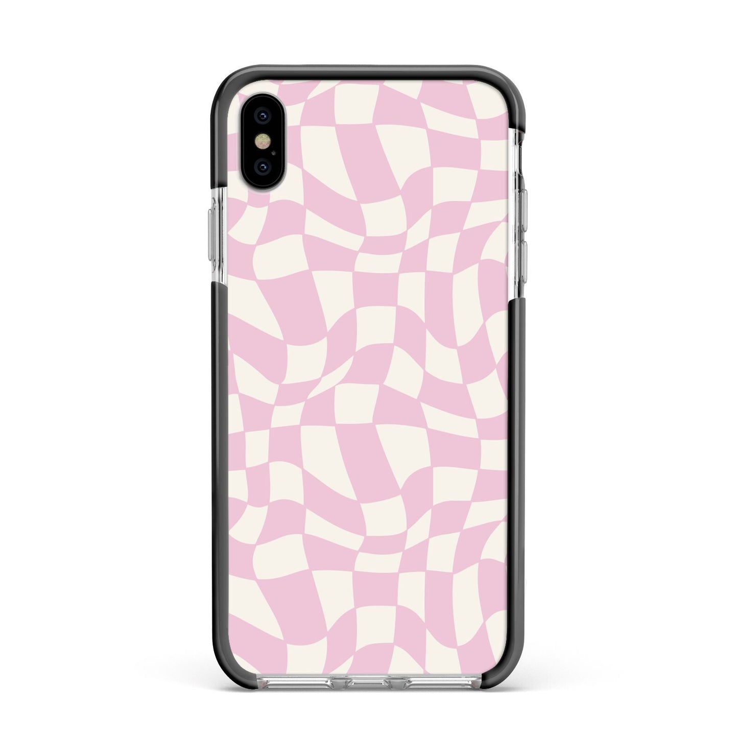 Retro Pink Check Apple iPhone Xs Max Impact Case Black Edge on Silver Phone