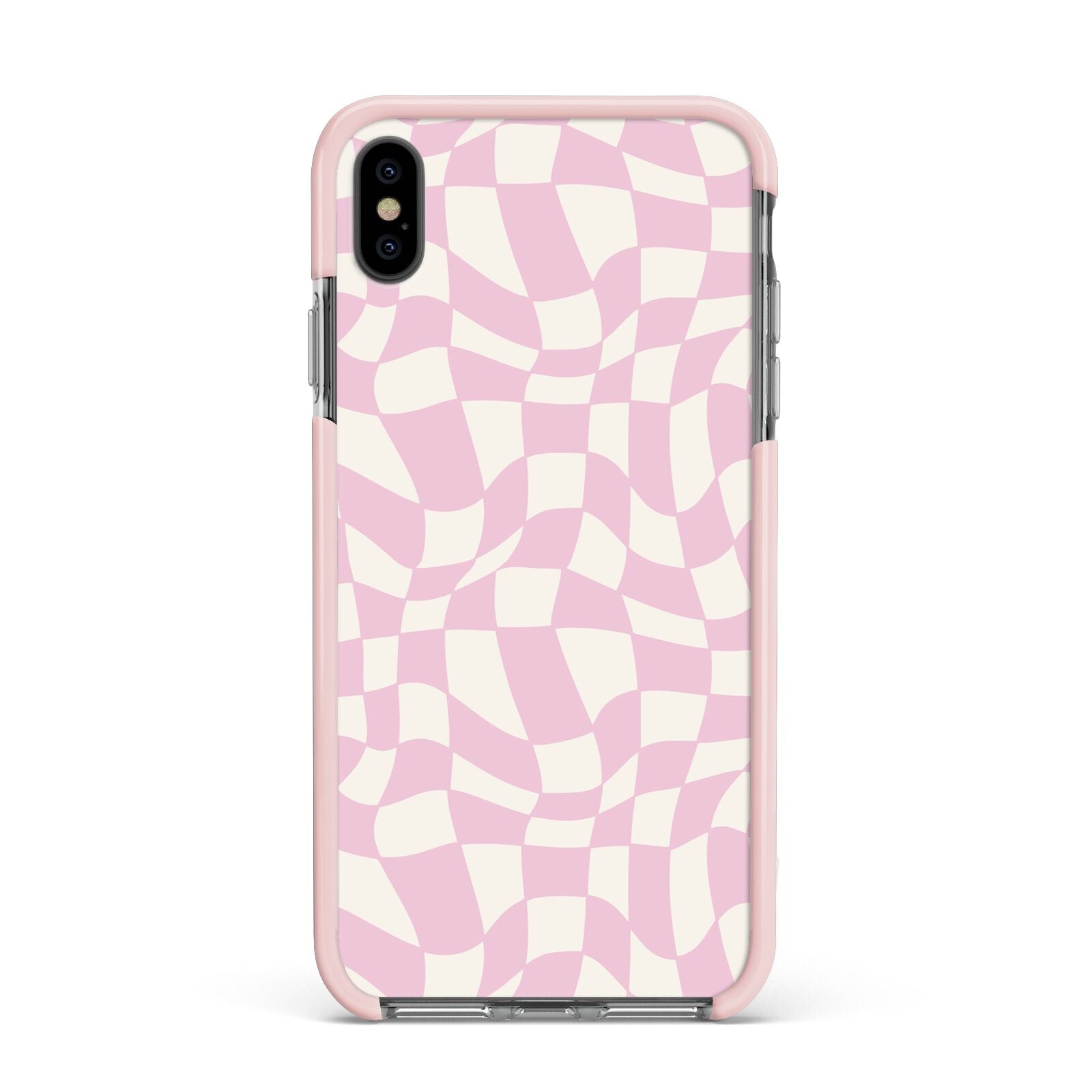 Retro Pink Check Apple iPhone Xs Max Impact Case Pink Edge on Black Phone