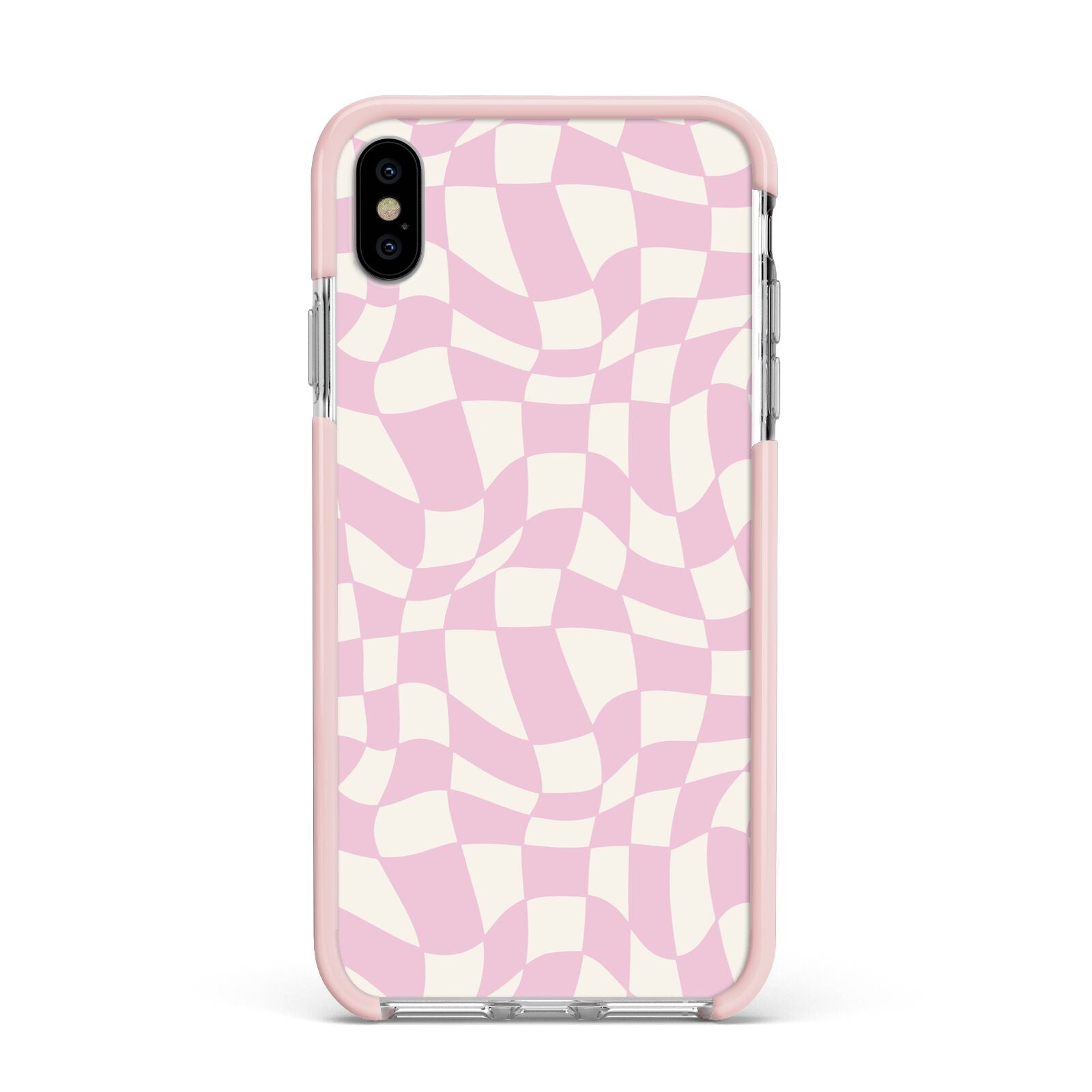 Retro Pink Check Apple iPhone Xs Max Impact Case Pink Edge on Silver Phone