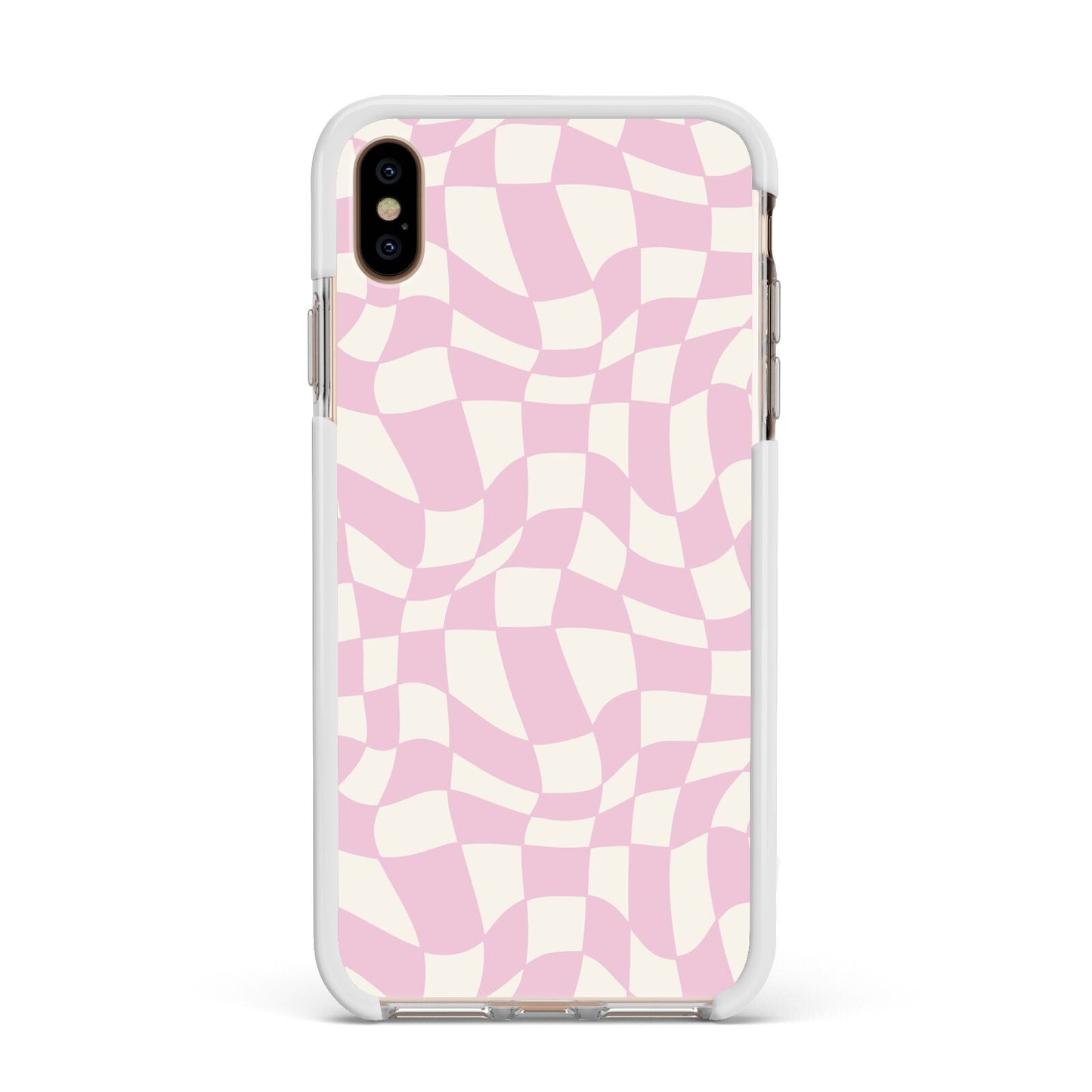 Retro Pink Check Apple iPhone Xs Max Impact Case White Edge on Gold Phone