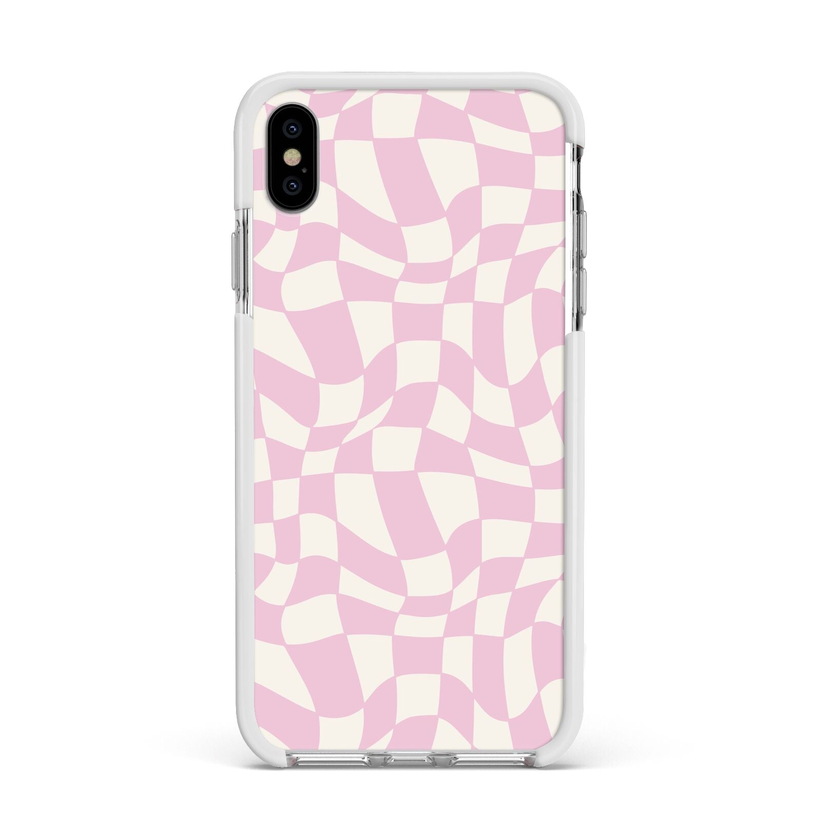 Retro Pink Check Apple iPhone Xs Max Impact Case White Edge on Silver Phone