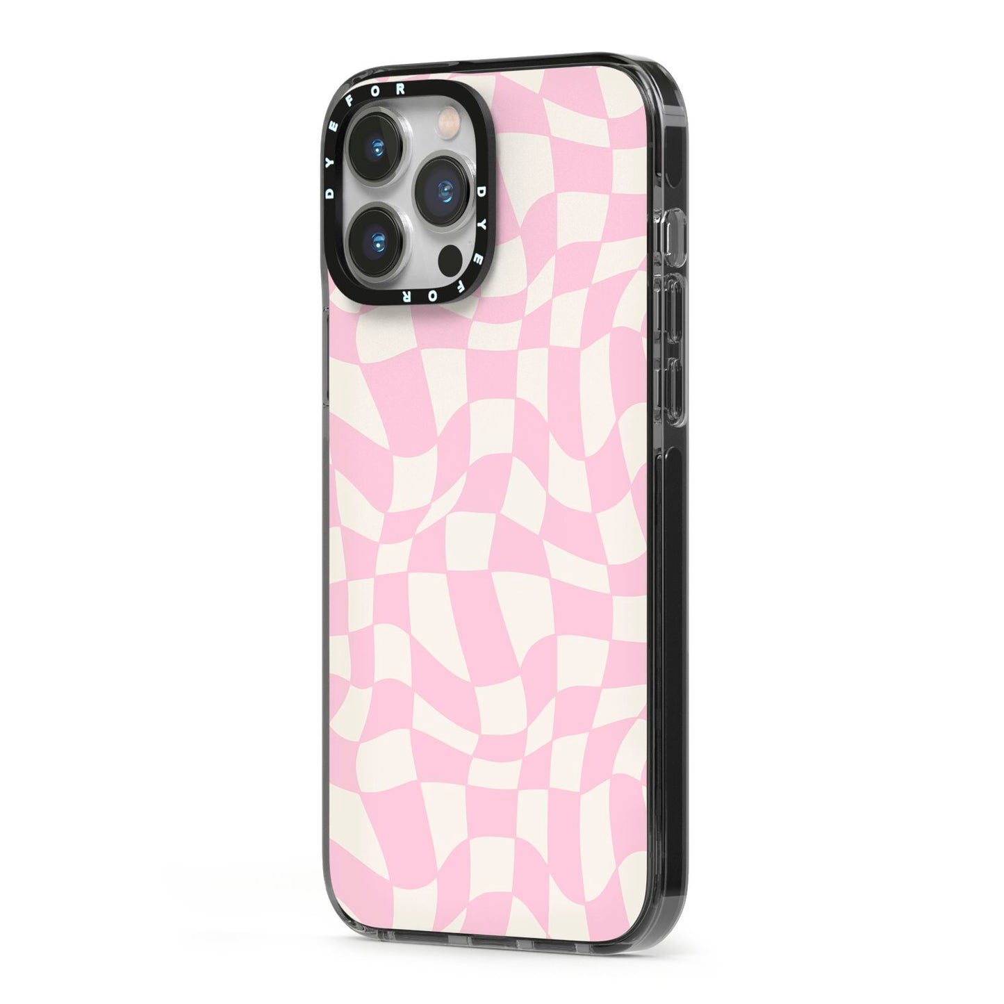 Retro Pink Check iPhone 13 Pro Max Black Impact Case Side Angle on Silver phone