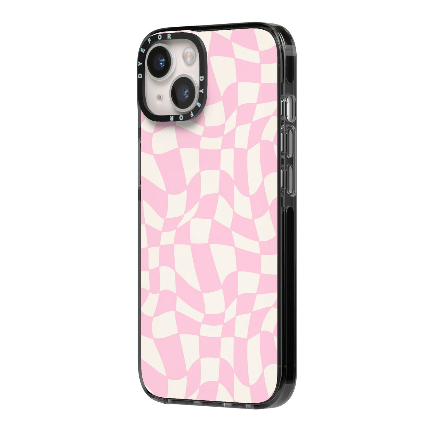 Retro Pink Check iPhone 14 Black Impact Case Side Angle on Silver phone