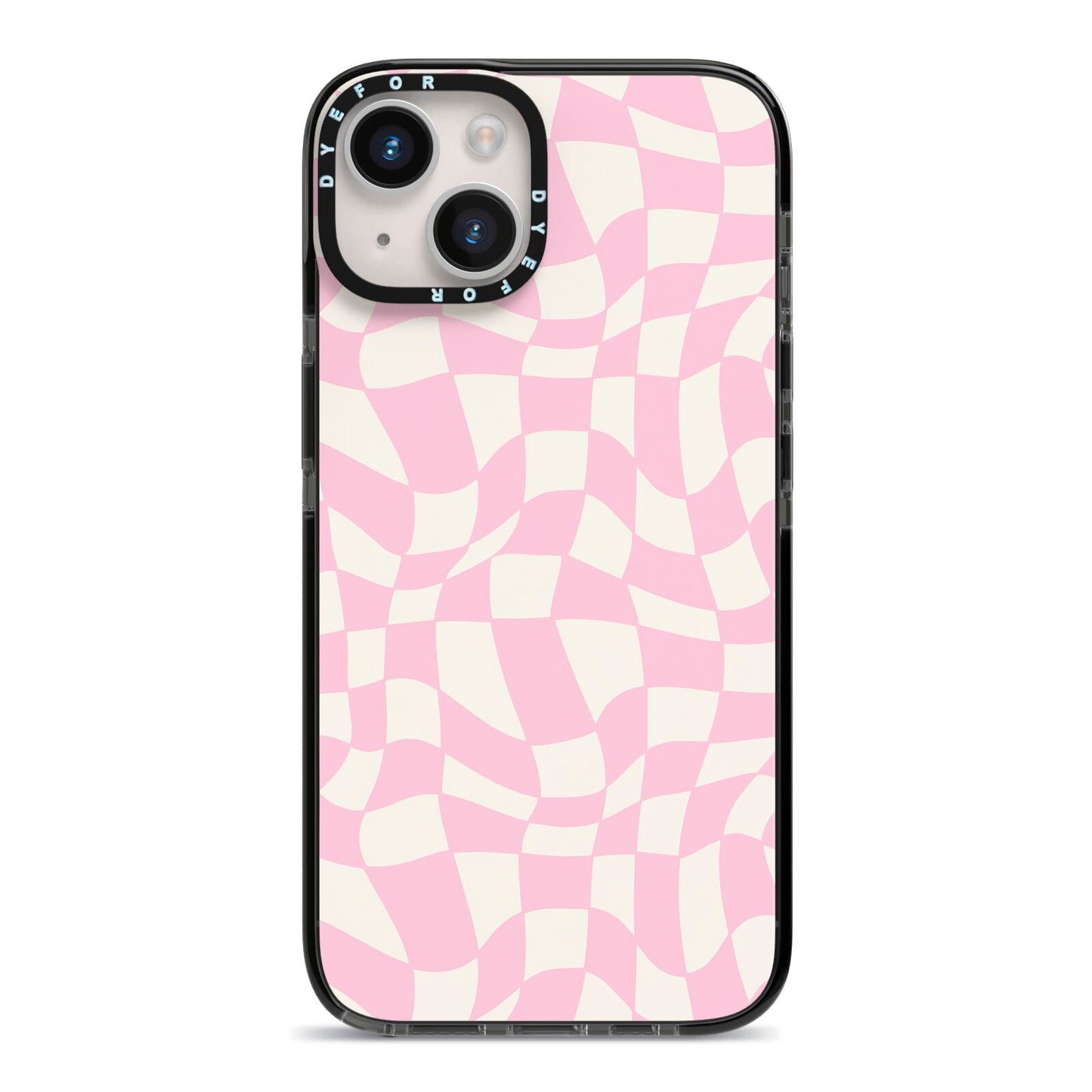 Retro Pink Check iPhone 14 Black Impact Case on Silver phone