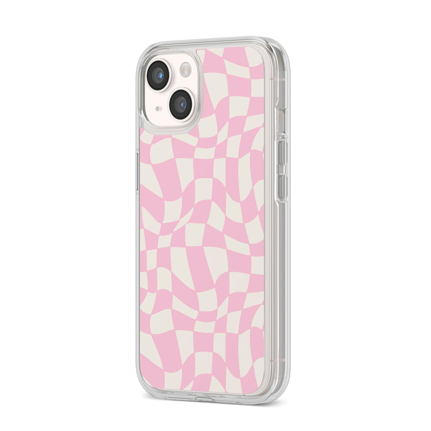 Retro Pink Check iPhone 14 Clear Tough Case Starlight Angled Image