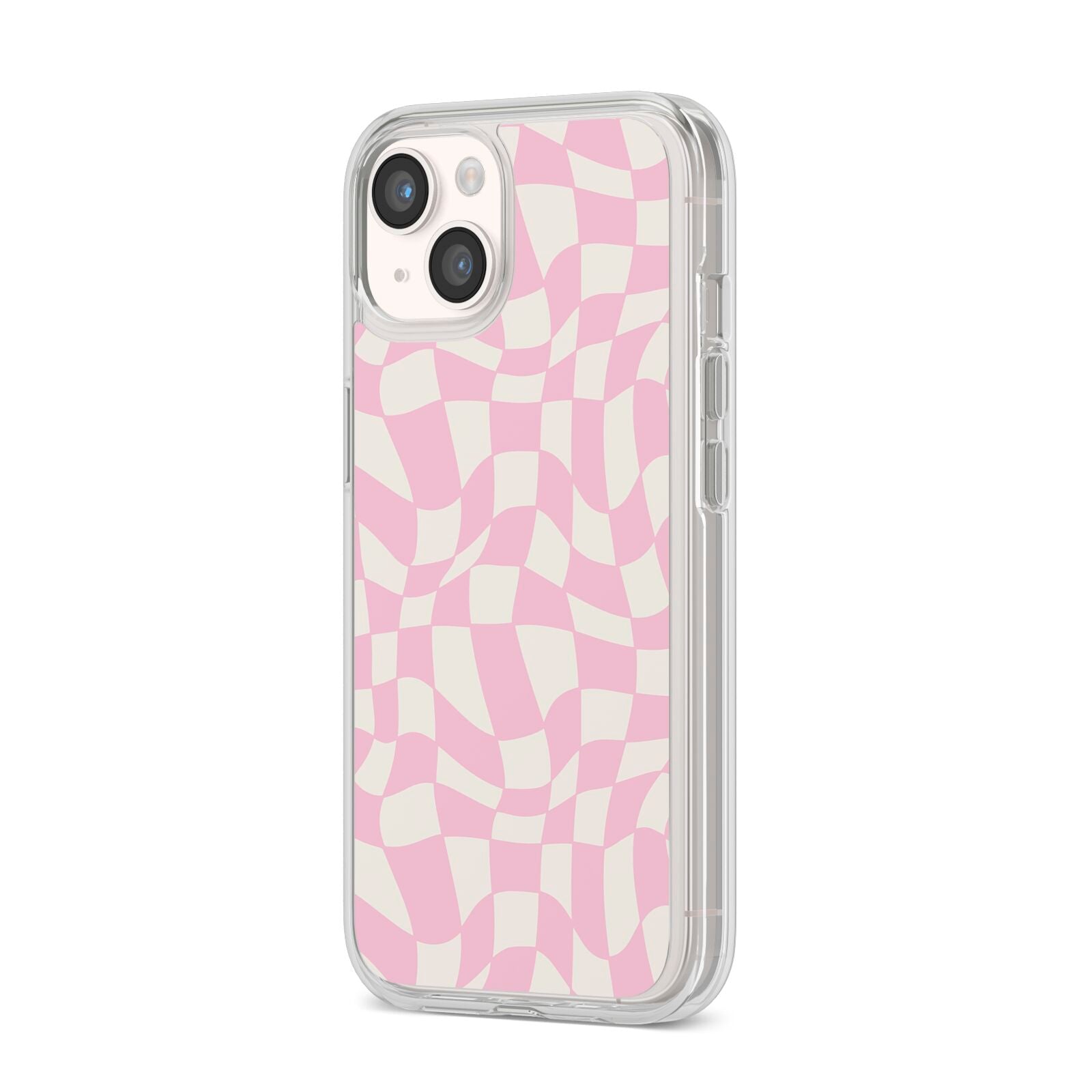 Retro Pink Check iPhone 14 Clear Tough Case Starlight Angled Image