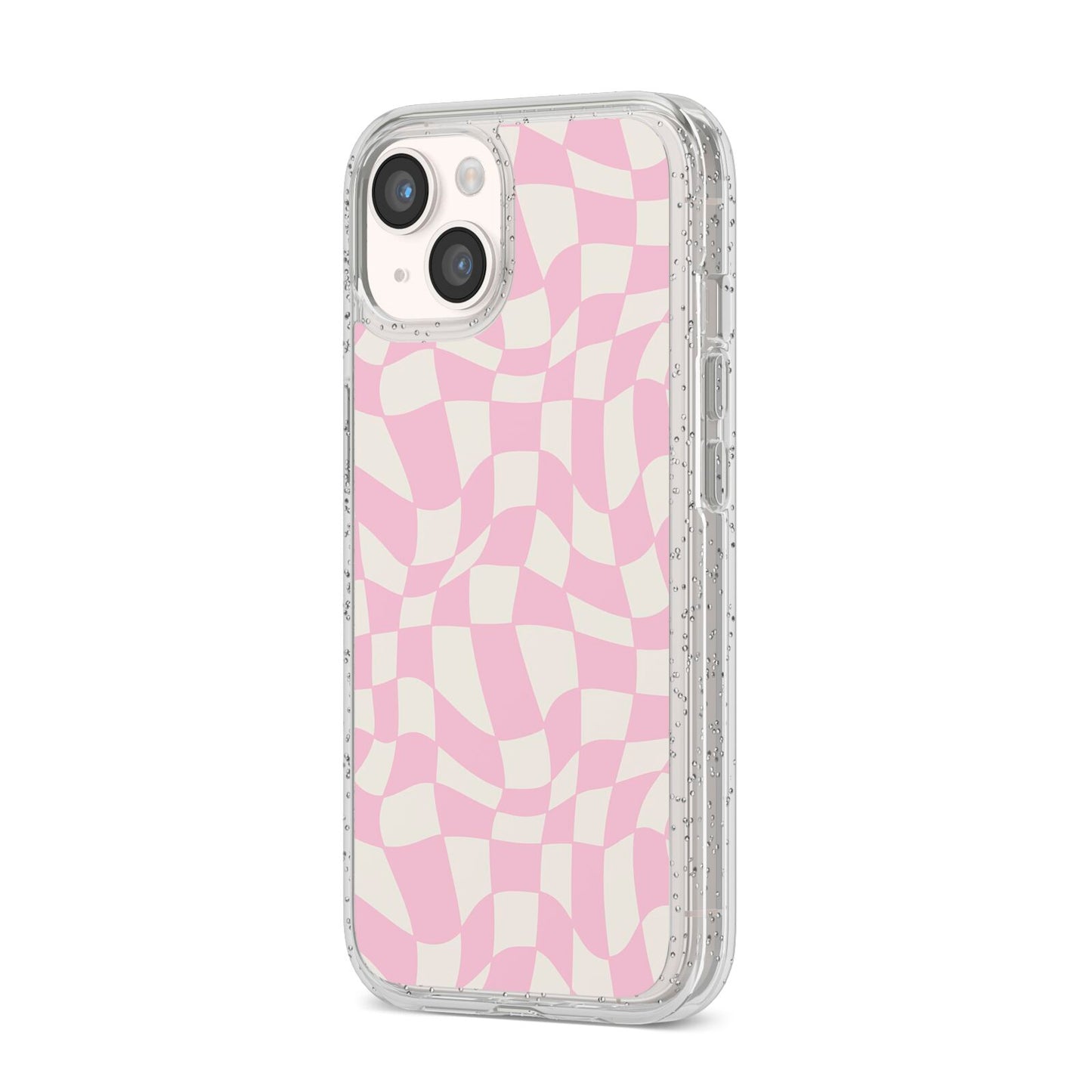 Retro Pink Check iPhone 14 Glitter Tough Case Starlight Angled Image