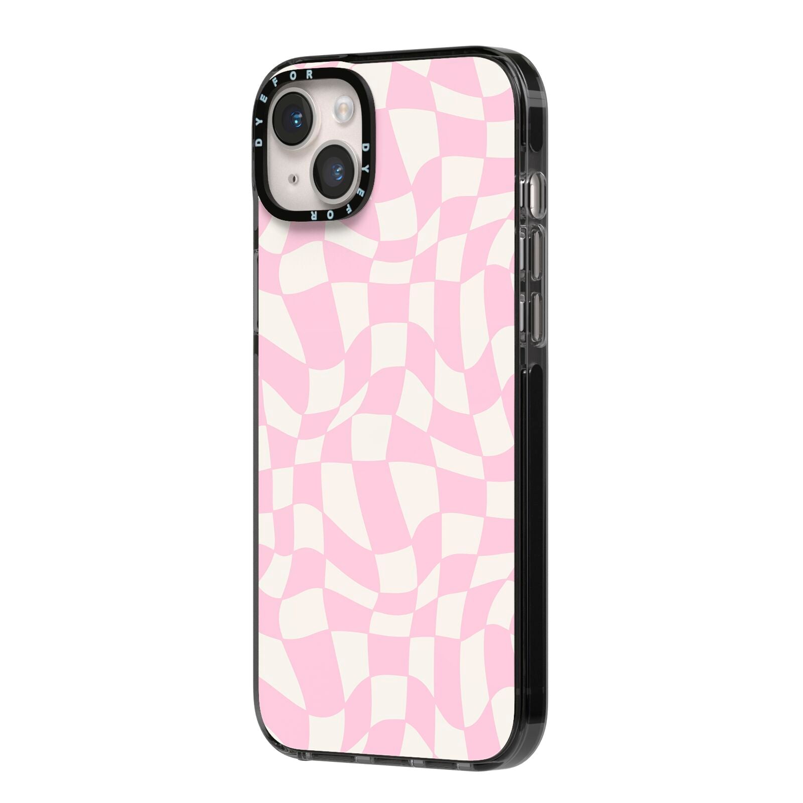 Retro Pink Check iPhone 14 Plus Black Impact Case Side Angle on Silver phone