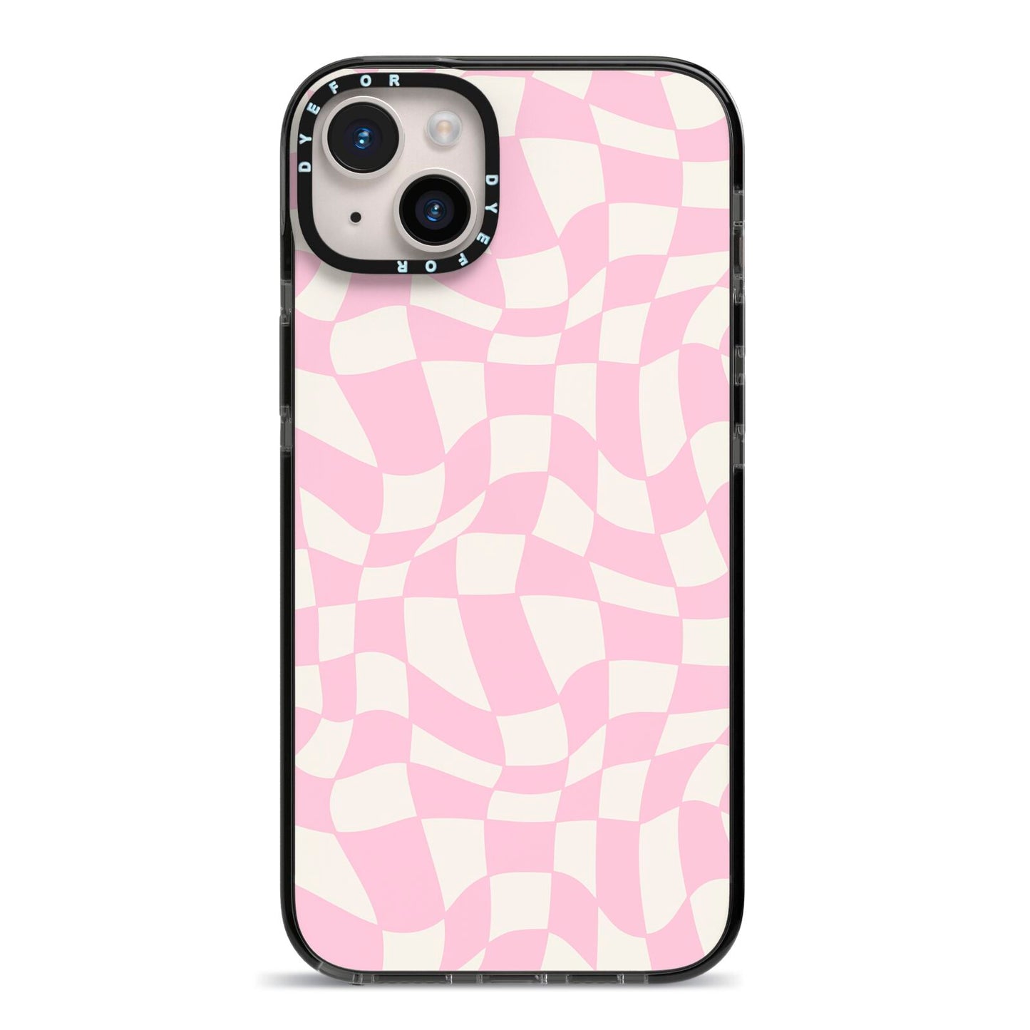 Retro Pink Check iPhone 14 Plus Black Impact Case on Silver phone