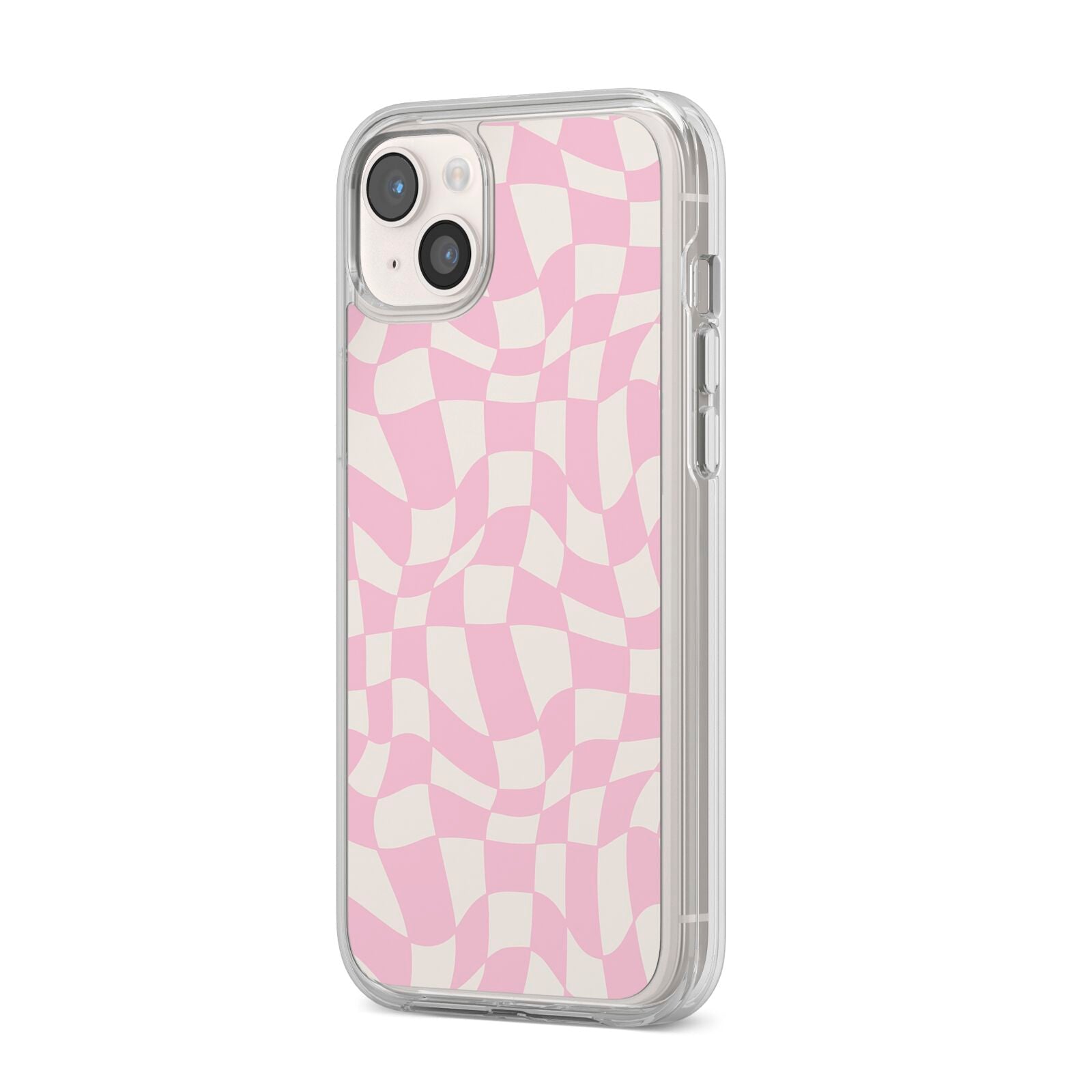 Retro Pink Check iPhone 14 Plus Clear Tough Case Starlight Angled Image