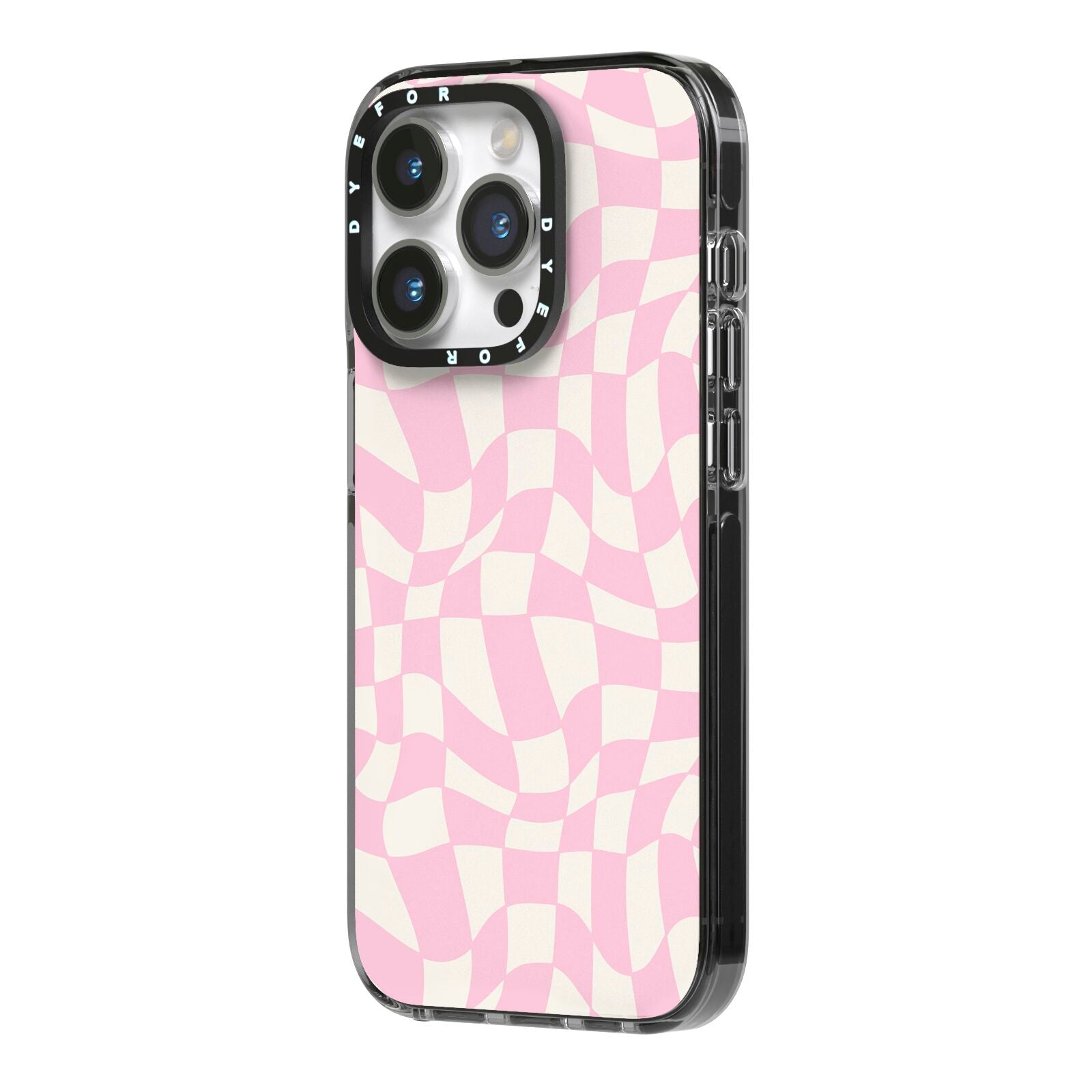 Retro Pink Check iPhone 14 Pro Black Impact Case Side Angle on Silver phone