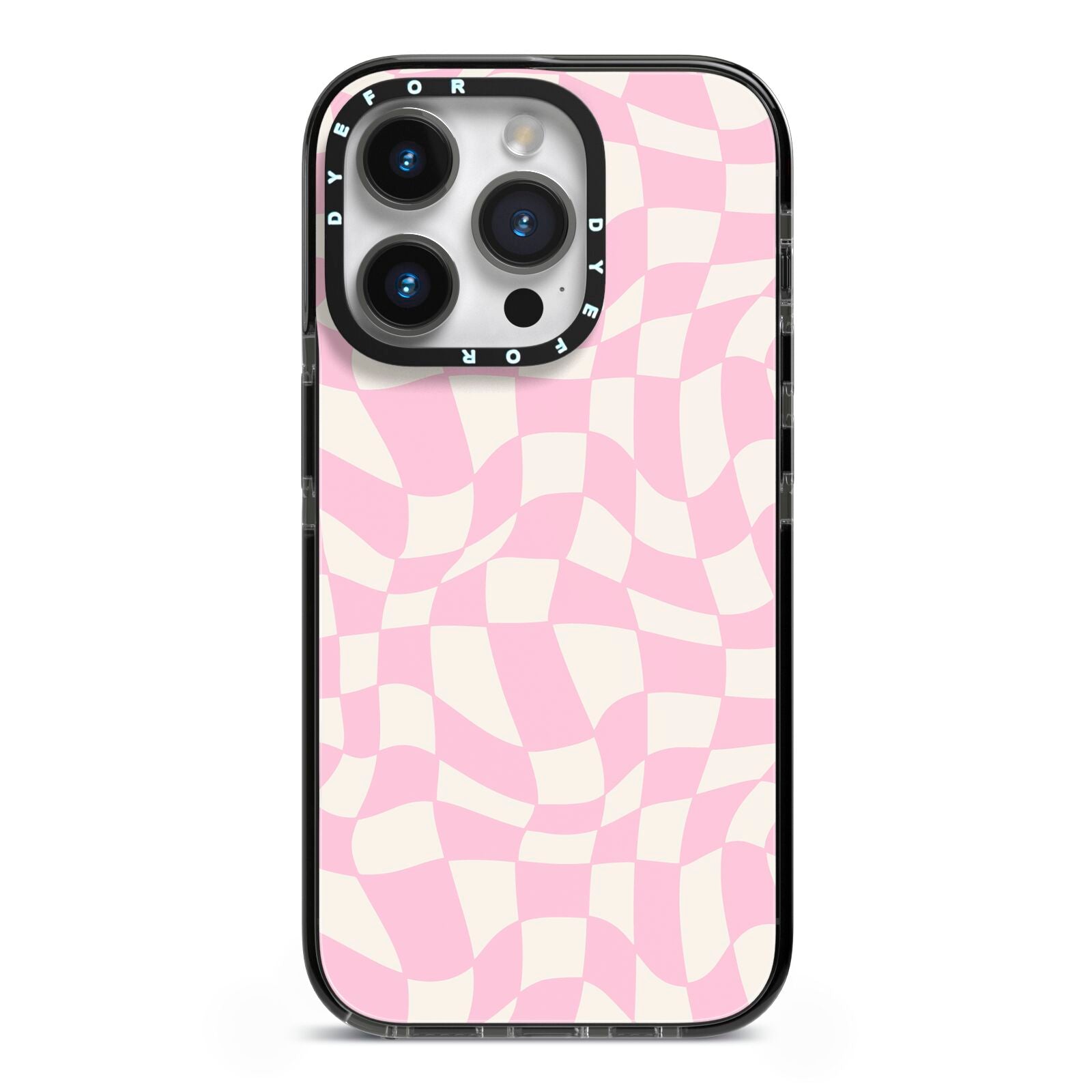 Retro Pink Check iPhone 14 Pro Black Impact Case on Silver phone