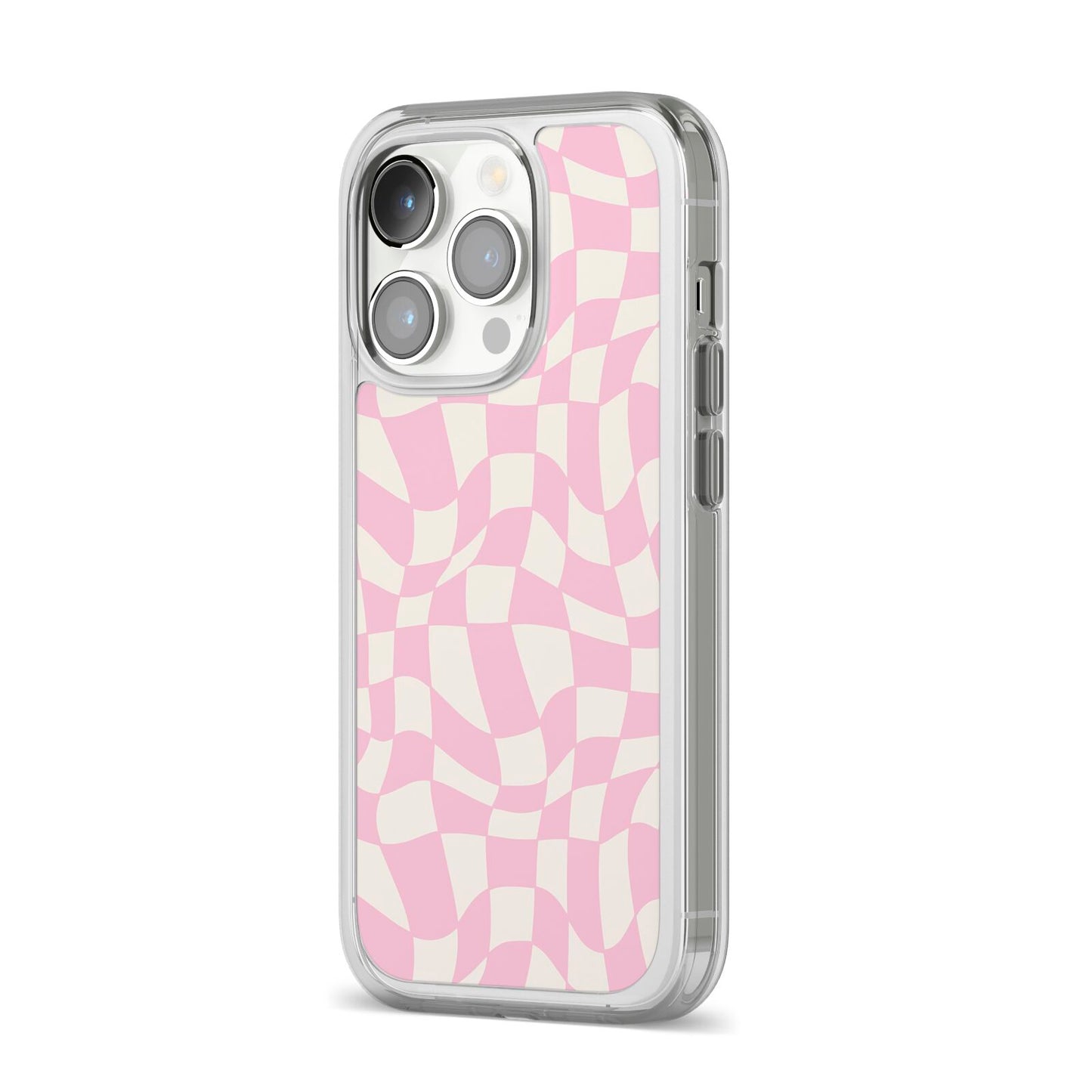 Retro Pink Check iPhone 14 Pro Clear Tough Case Silver Angled Image