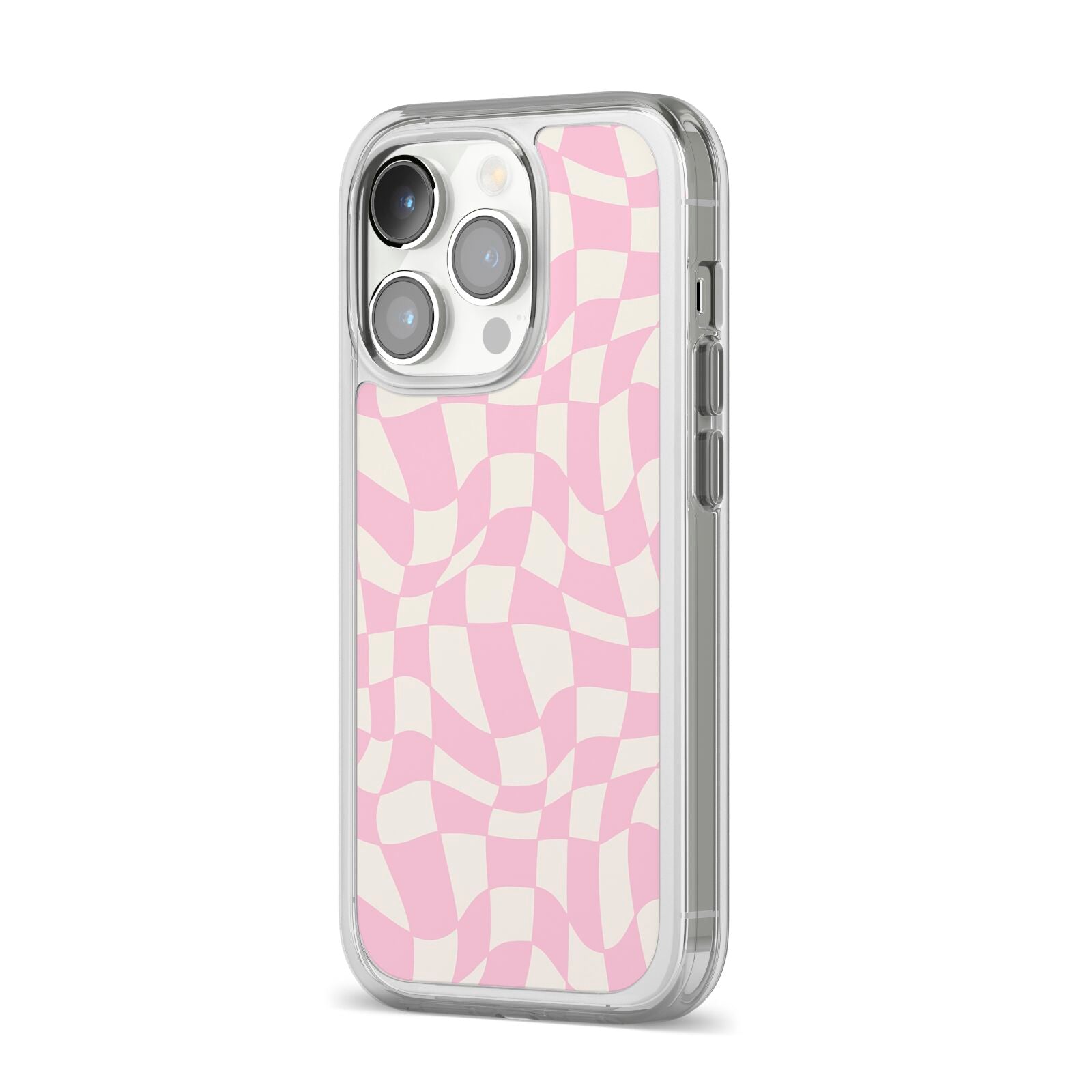 Retro Pink Check iPhone 14 Pro Clear Tough Case Silver Angled Image