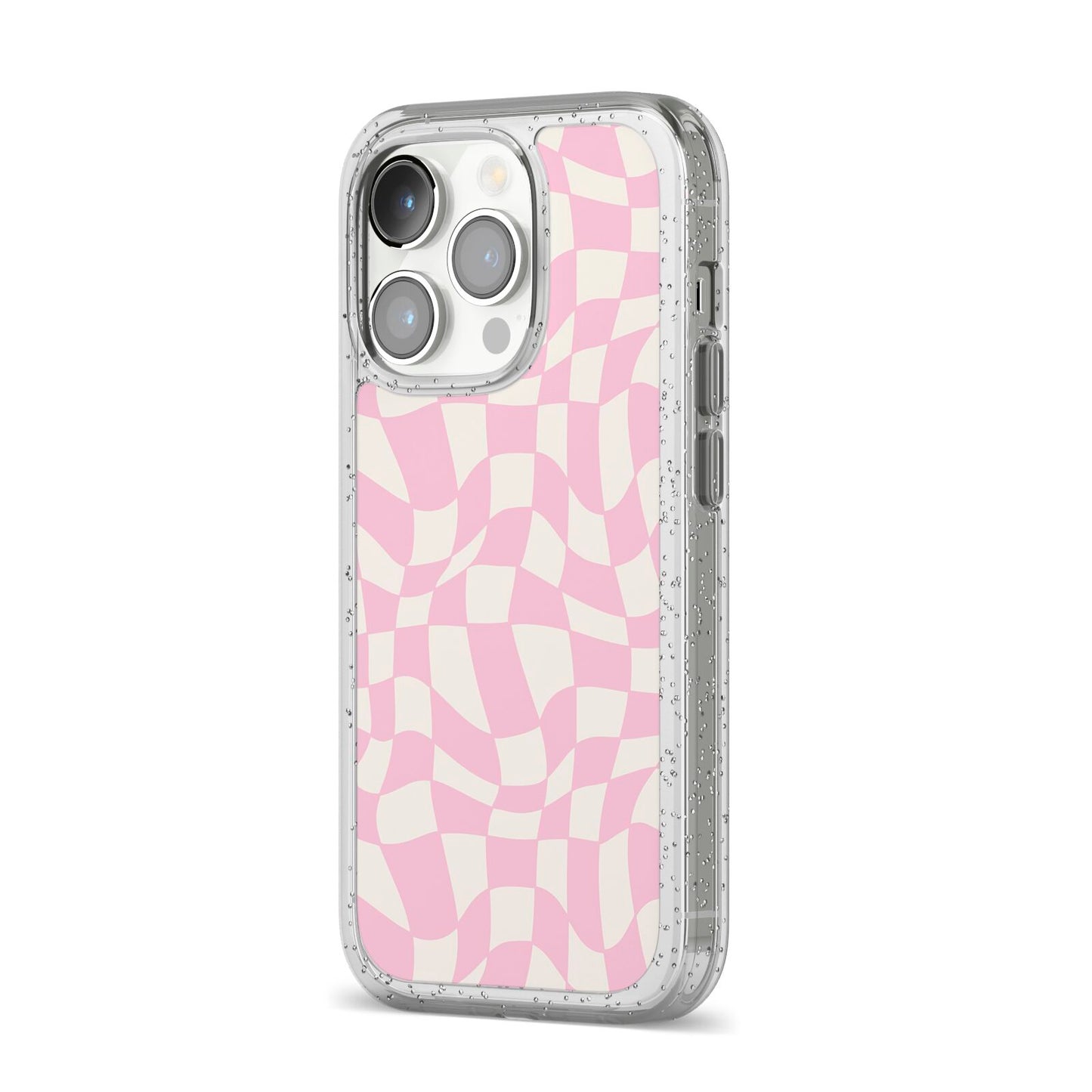 Retro Pink Check iPhone 14 Pro Glitter Tough Case Silver Angled Image