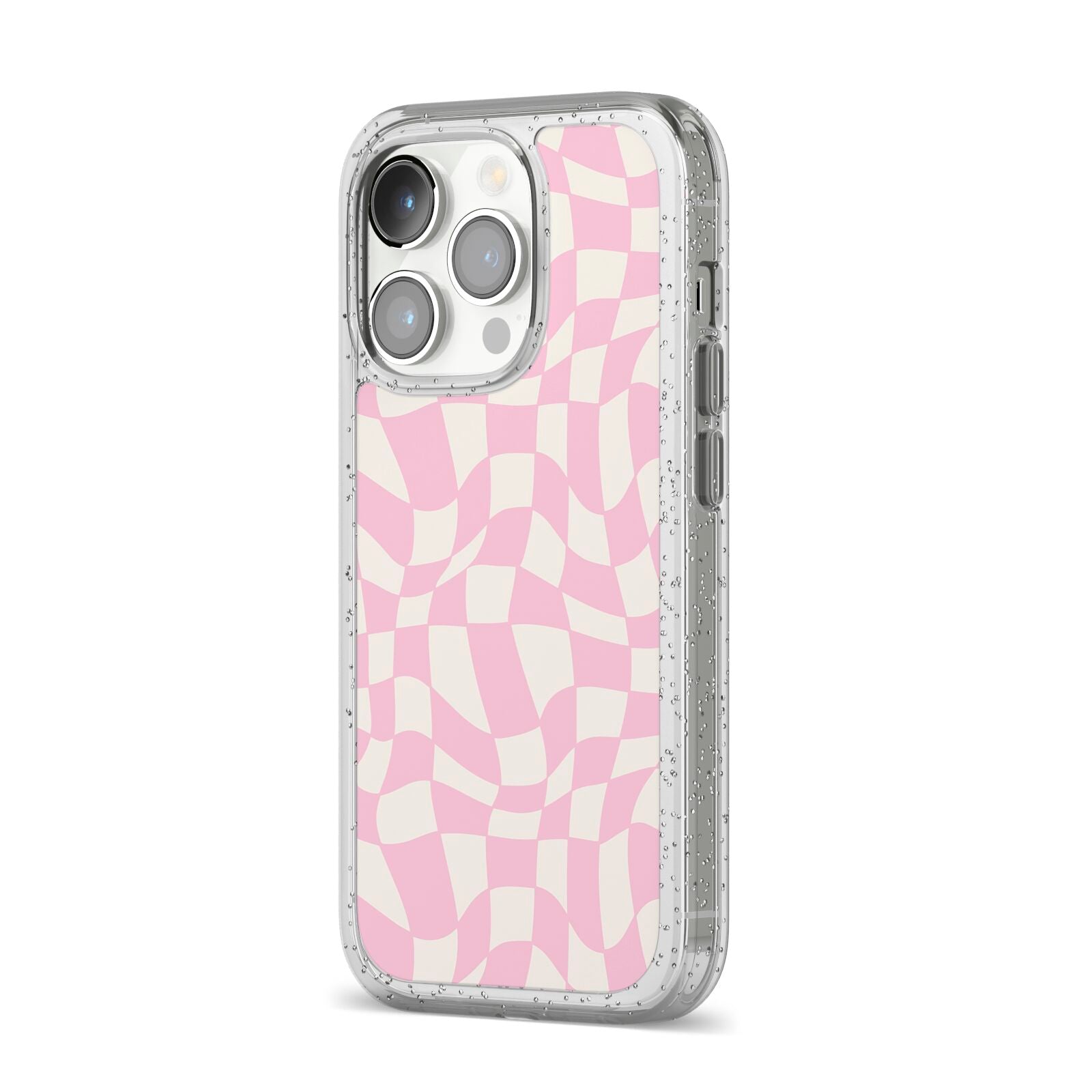 Retro Pink Check iPhone 14 Pro Glitter Tough Case Silver Angled Image