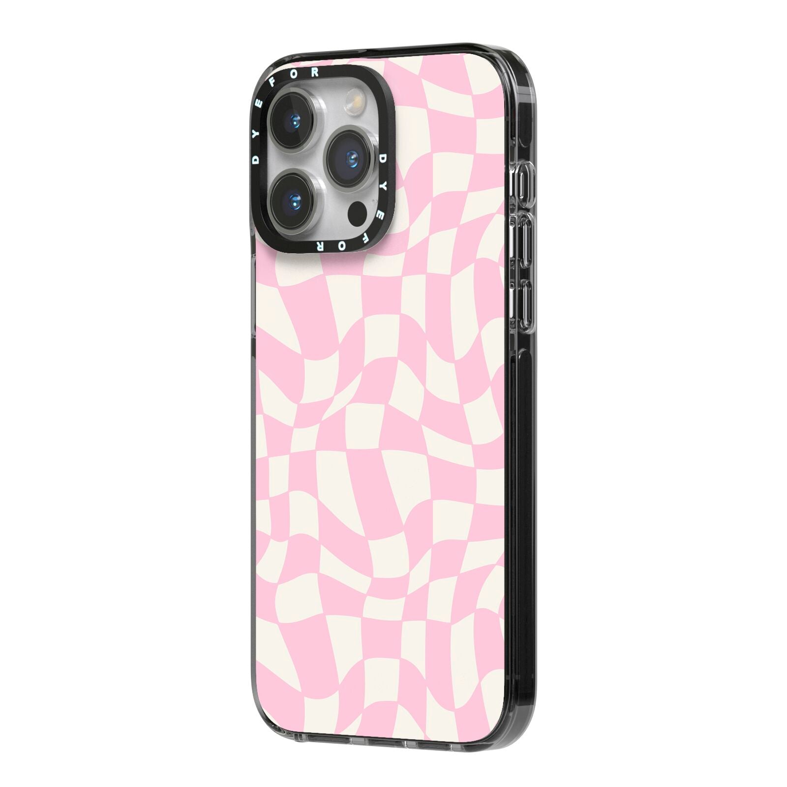 Retro Pink Check iPhone 14 Pro Max Black Impact Case Side Angle on Silver phone