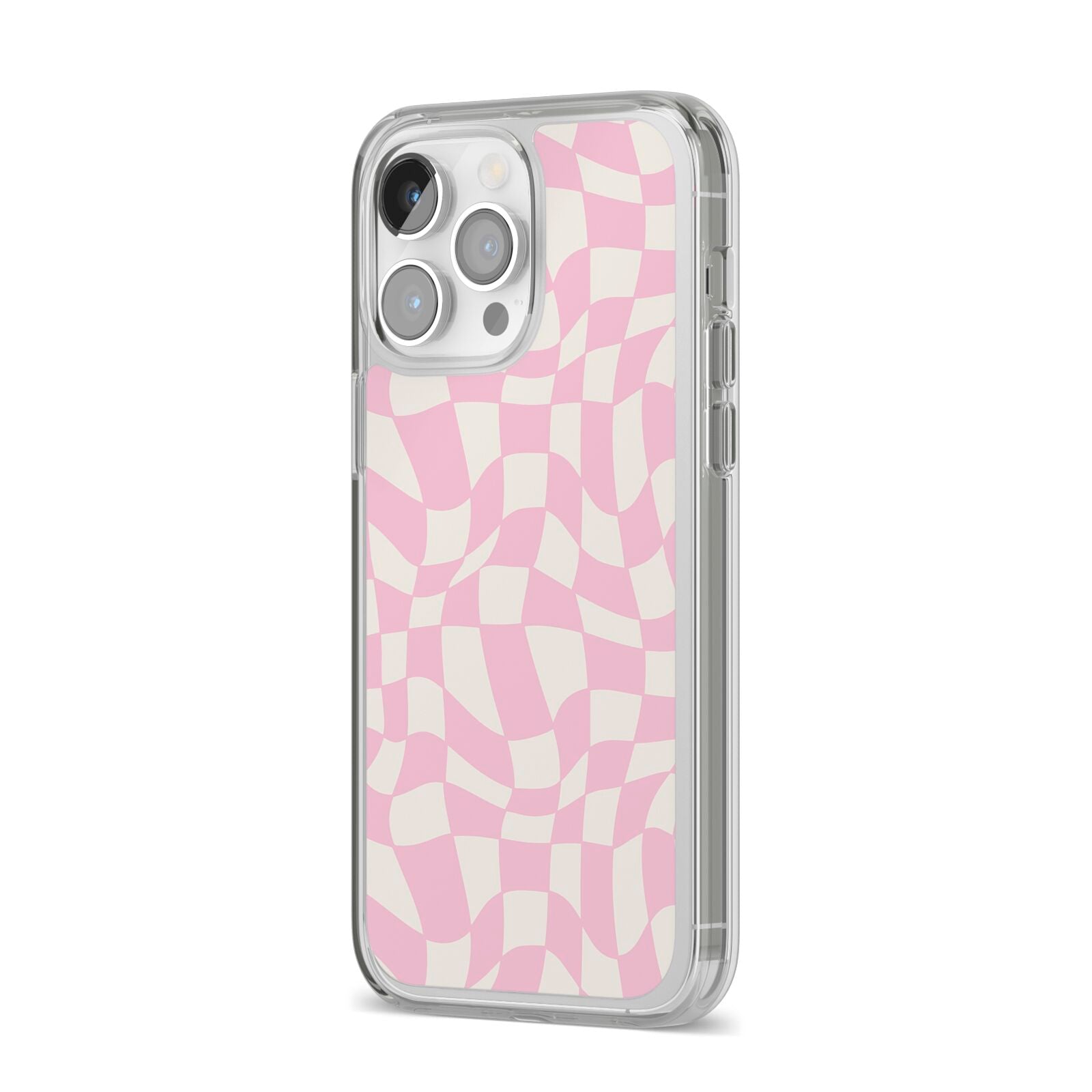 Retro Pink Check iPhone 14 Pro Max Clear Tough Case Silver Angled Image