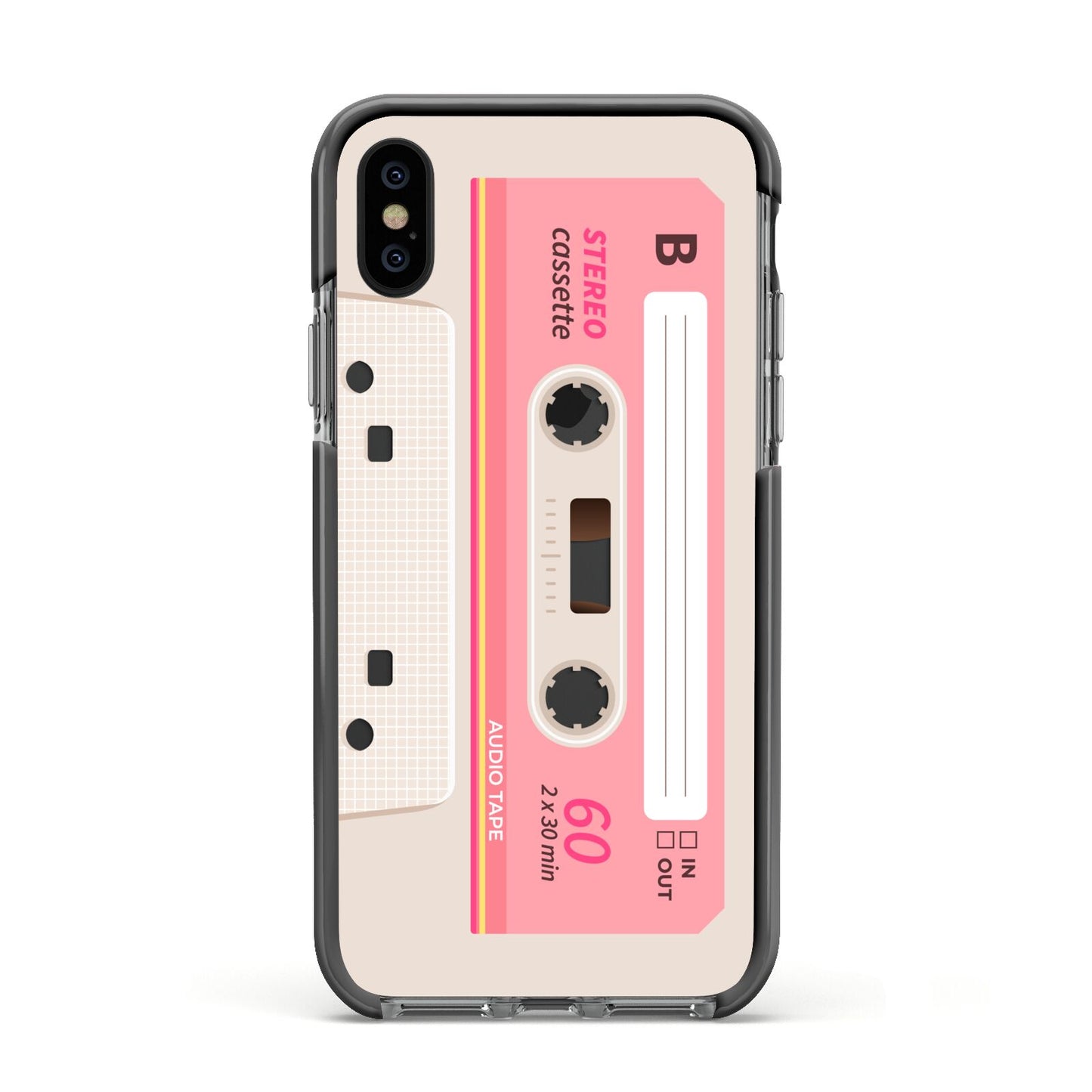 Retro Pink Tape Apple iPhone Xs Impact Case Black Edge on Black Phone