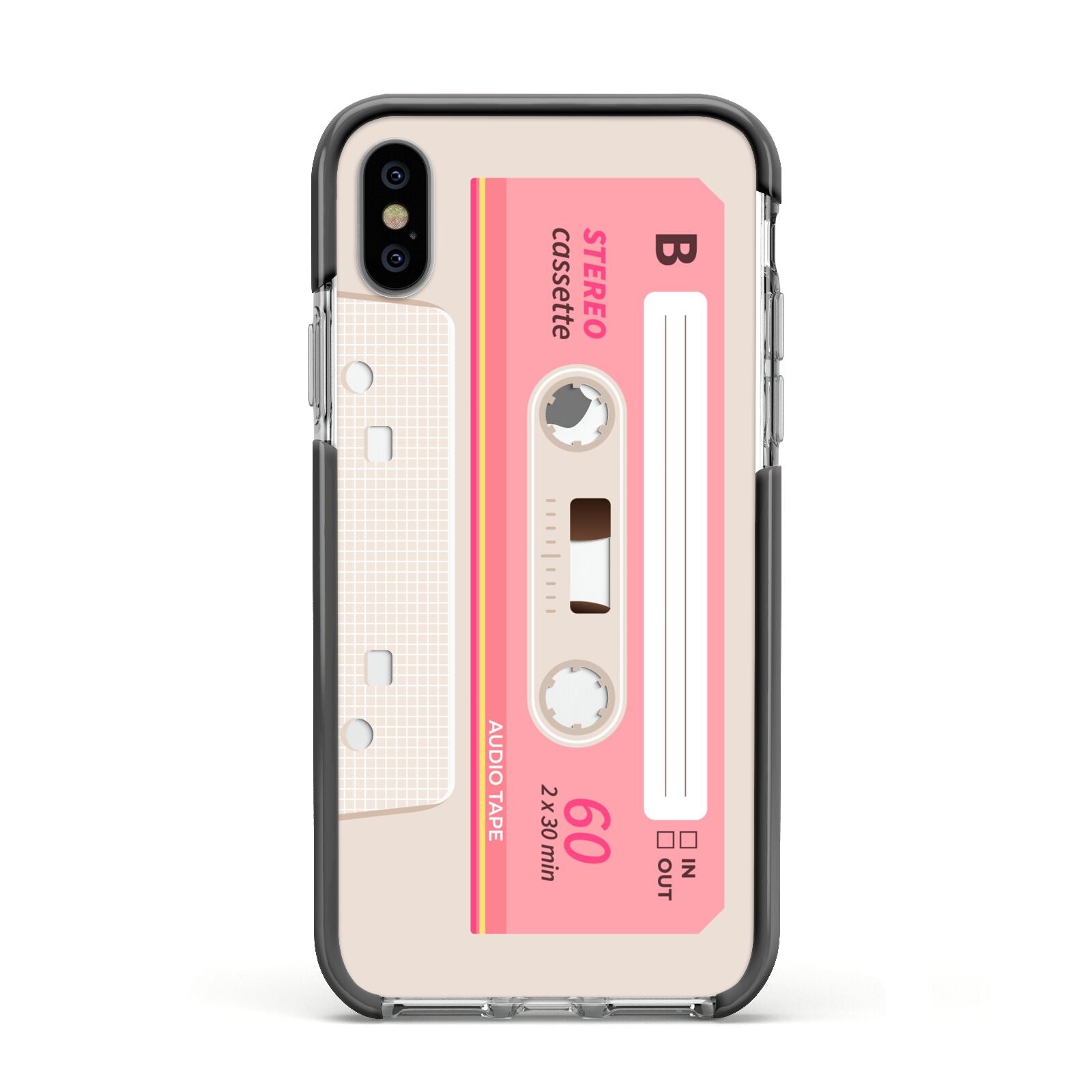 Retro Pink Tape Apple iPhone Xs Impact Case Black Edge on Silver Phone