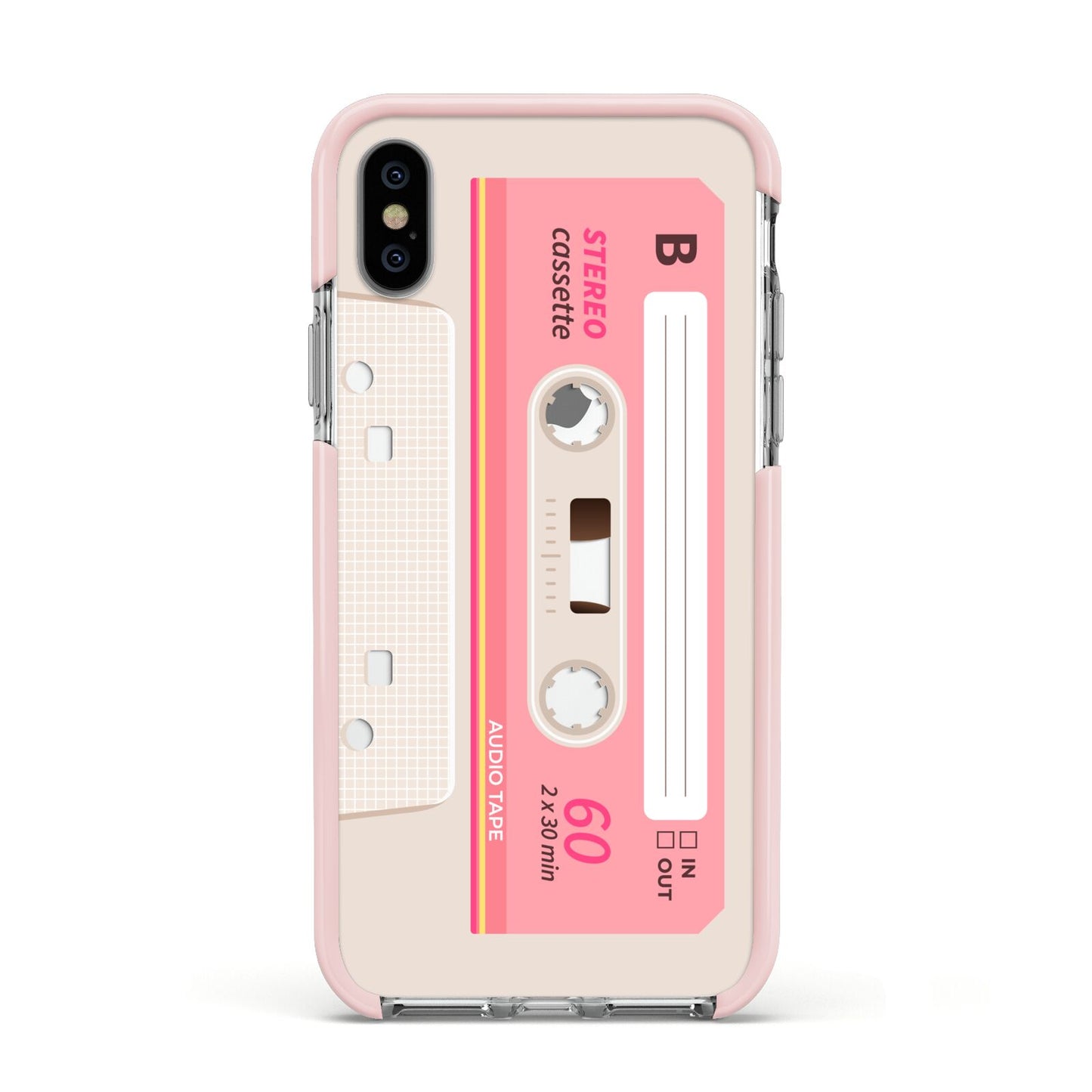 Retro Pink Tape Apple iPhone Xs Impact Case Pink Edge on Silver Phone